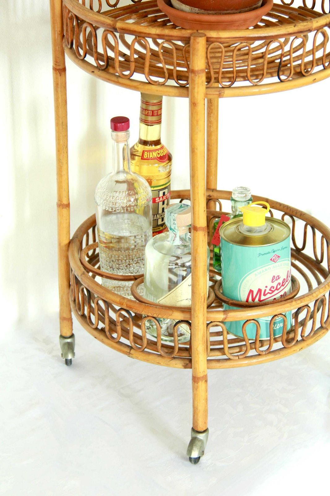Carrello, Vintage Bamboo And Wicker Bar Cart / Trolley , Italy, 1970s photo vinterior