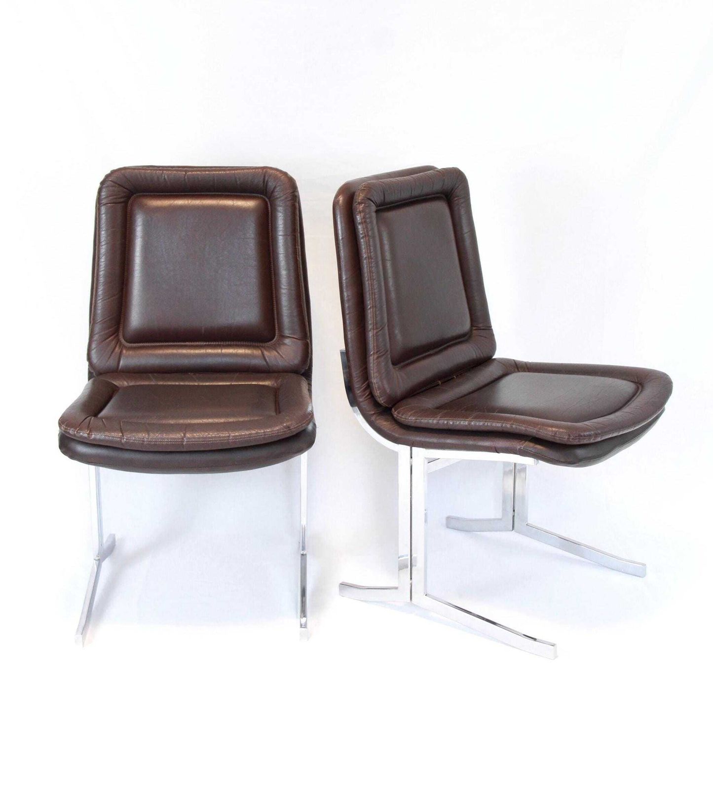 Arturo E Lino, Vintage Space Age Leather And Chrome Chairs, Set Of 2, Italy, 1970s