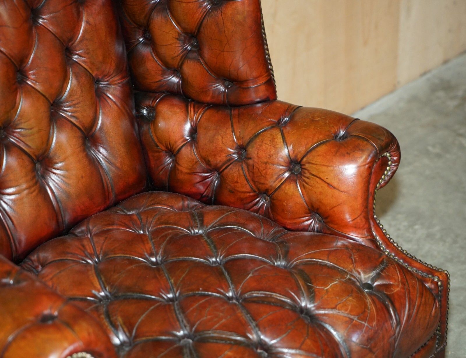 Antique Fully Restored Bordeaux Leather Tufted Chesterfield Wingback Armchair photo buy
