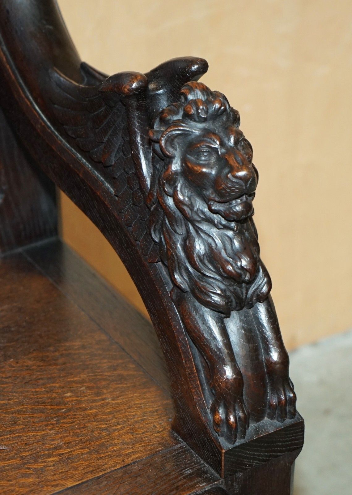 Furniture Stunning Extra Large Gothic Revival Throne Armchair Hand Carved Armorial Lions photo