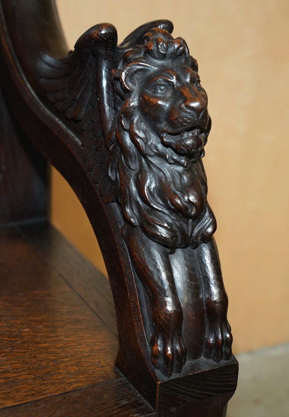photo vinterior Stunning Extra Large Gothic Revival Throne Armchair Hand Carved Armorial Lions
