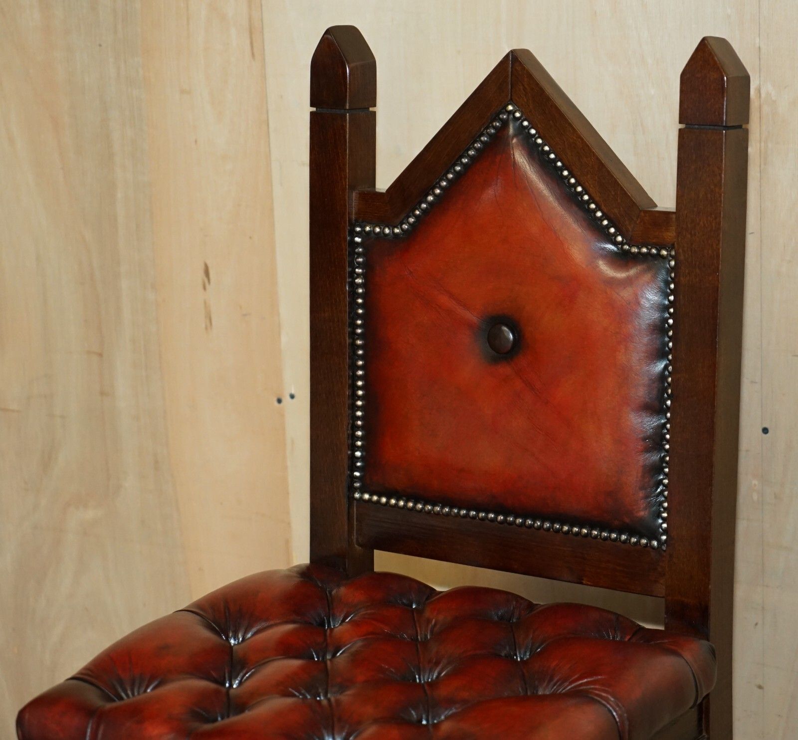 Three Restored Brown Leather Chesterfield Gothic Steeple Kitchen Bar Stools 3 photo Furniture