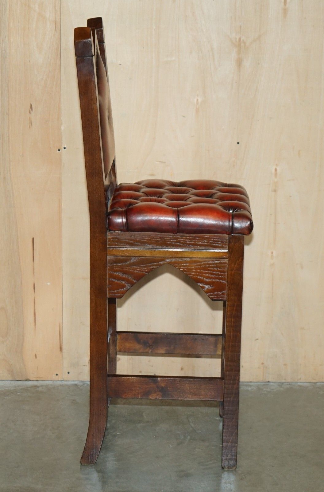 photo for sale Three Restored Brown Leather Chesterfield Gothic Steeple Kitchen Bar Stools 3