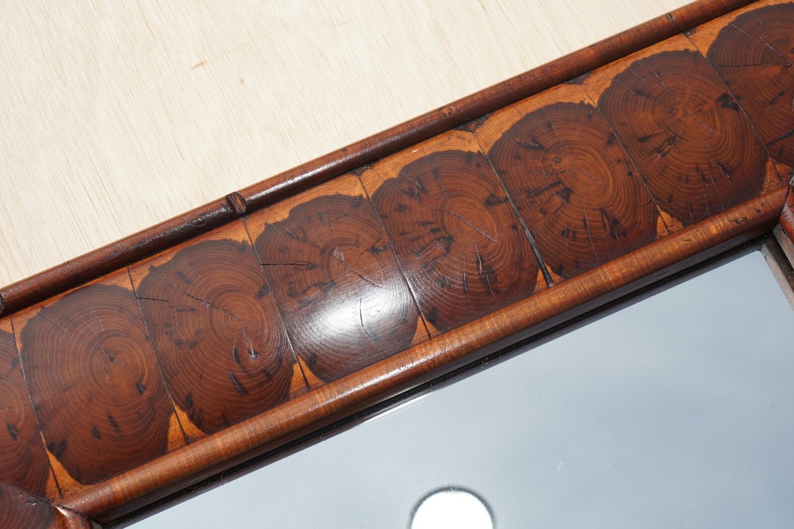 Exquisite Antique Oyster Laburnum Wood Cushion Framed Wall Mirror Sublime Patina photo vinterior