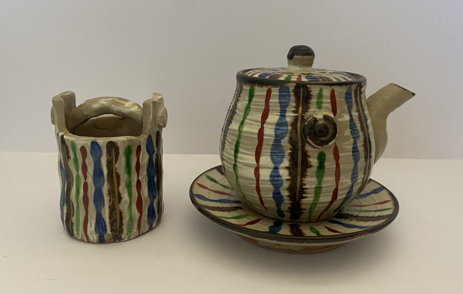 Original, Kitomizu Ware, Stoneware Teapot And ‘Water Bucket’ With Intricate ‘Snake Grass Design. photo furniture