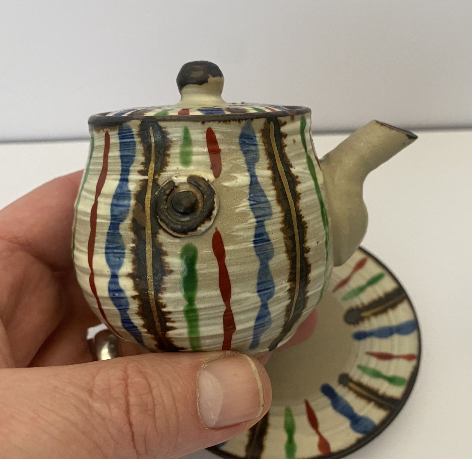 photo for sale Original, Kitomizu Ware, Stoneware Teapot And ‘Water Bucket’ With Intricate ‘Snake Grass Design.
