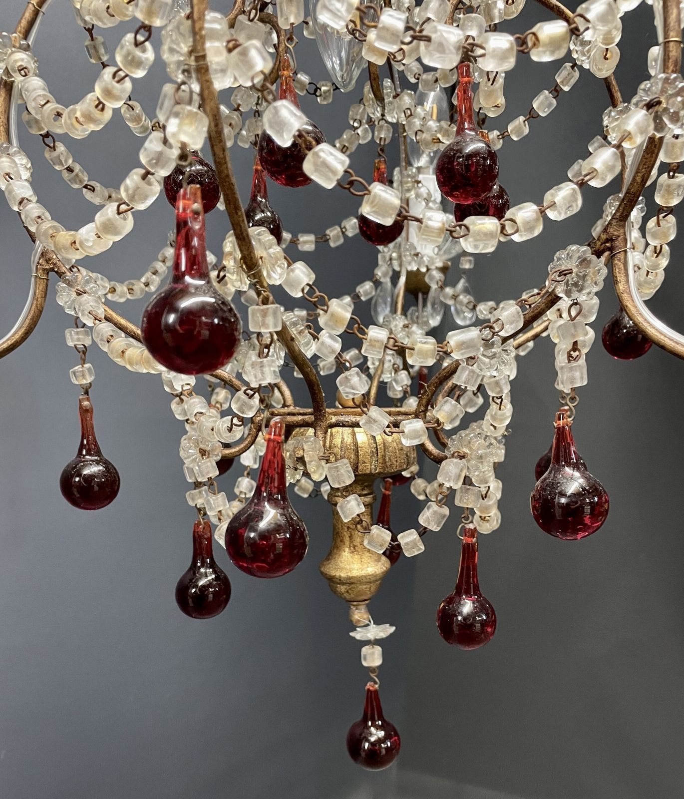 Beaded Swag Chandelier With Red Crystal Berry Drops. (Italian) Circa 1920 photo for sale
