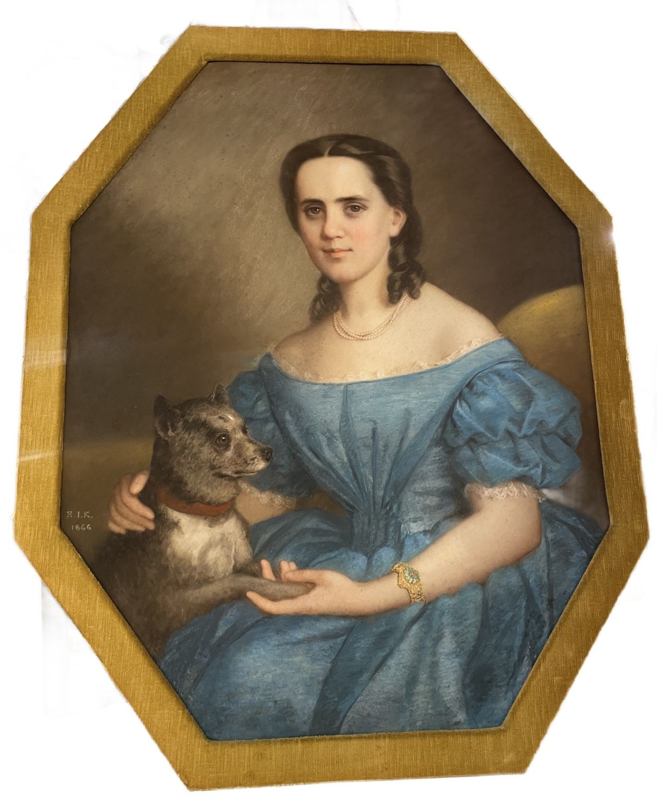 19th Century Pastel Portrait 0f A Lady In Blue Dress, With A Dog, In A Hexagonal Frame. Signed R.I.K (1866)