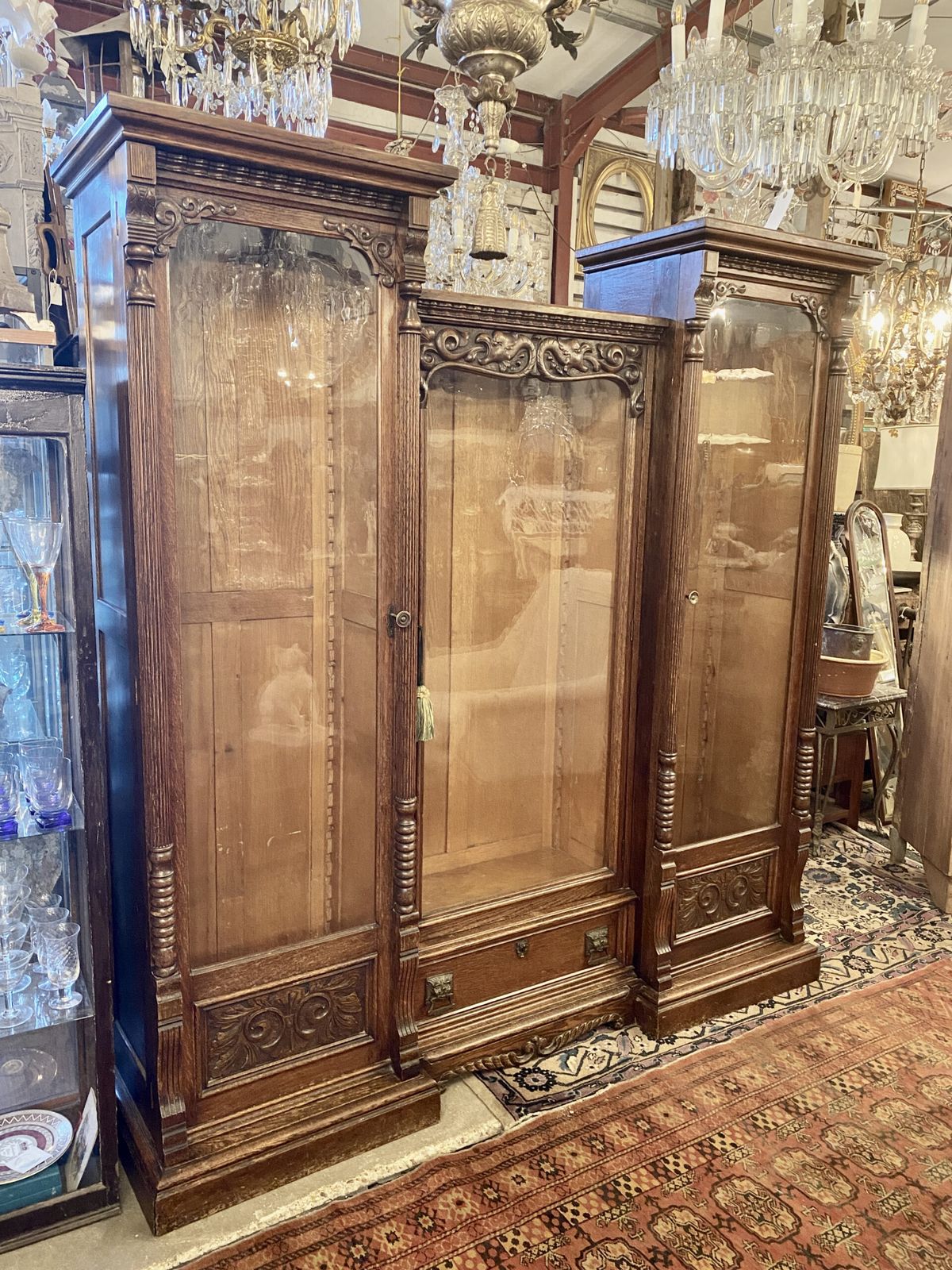 Glass Fronted Carved Fruitwood Bookcase With Shelves. photo for sale