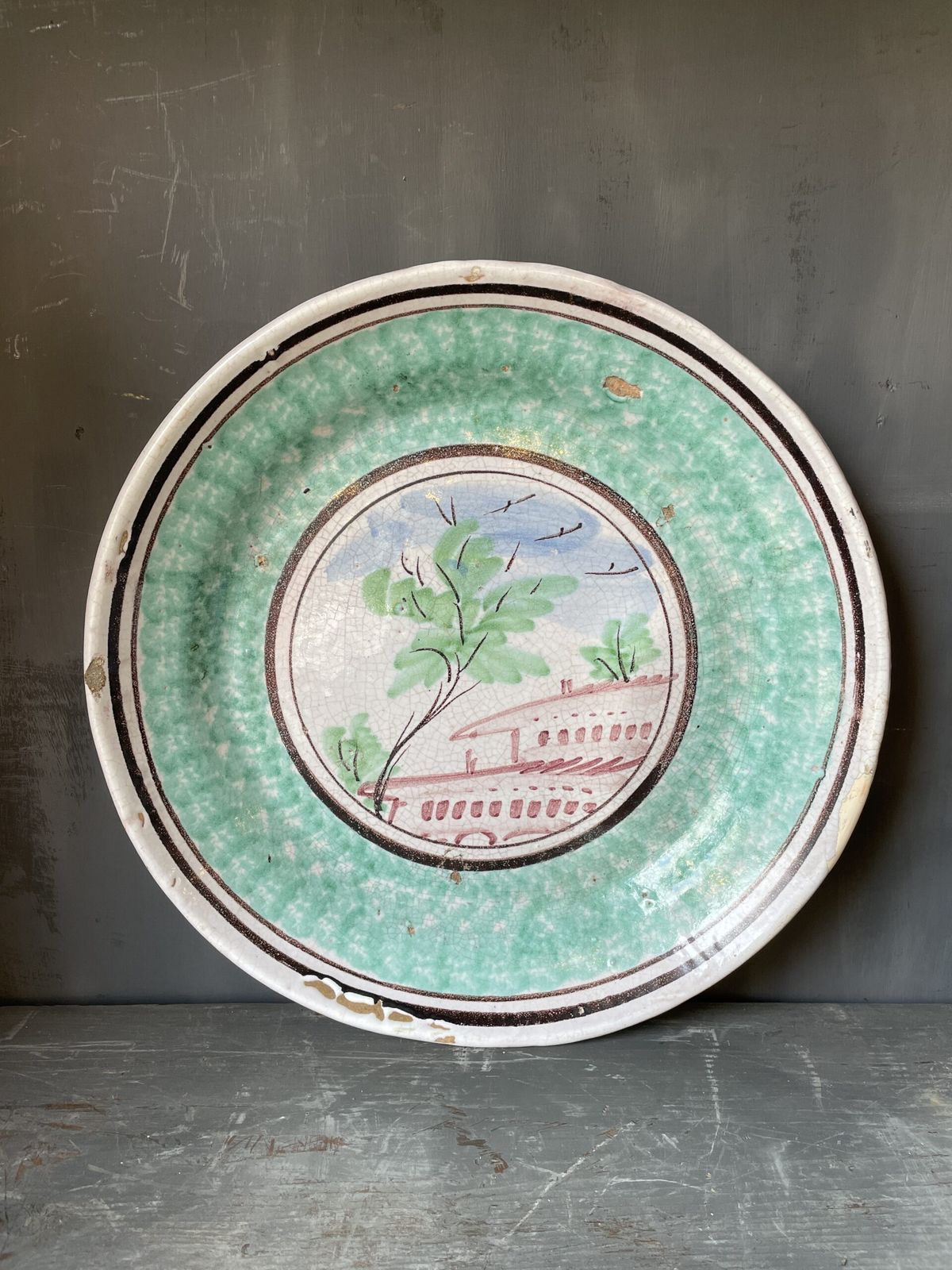 Large Italian Platter From The Naples Area,(Circa 1880) Decorated With Stylised Trees And Houses photo for sale