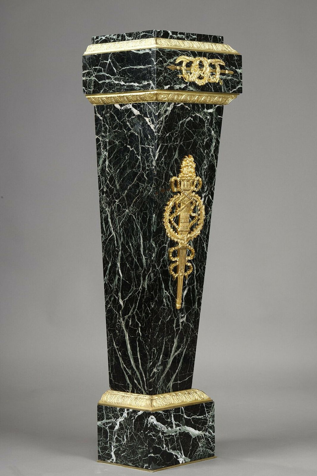 Column In Green Marble Veneer And Gilt Bronze Decoration, Empire Style photo for sale