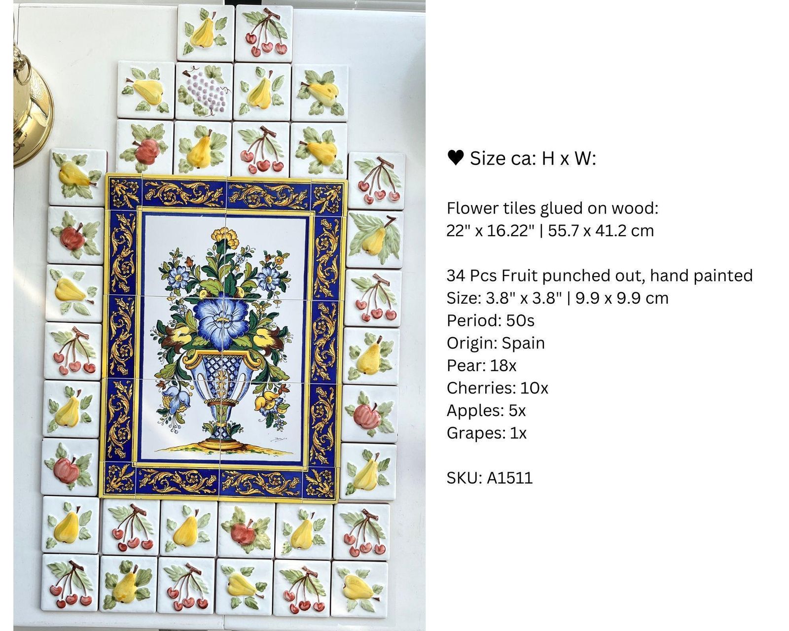Majolica Handpainted Ceramic Tiles | Fruit Flower Decor | Kitchen Backsplash | 50s photo buy