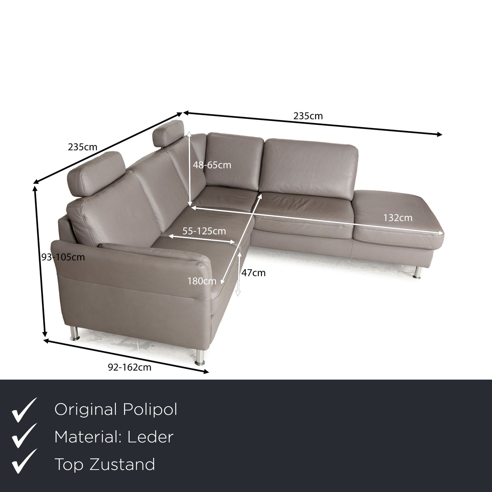 Canapé d'angle Polipol Polinova en cuir gris, fonction manuelle photo furniture
