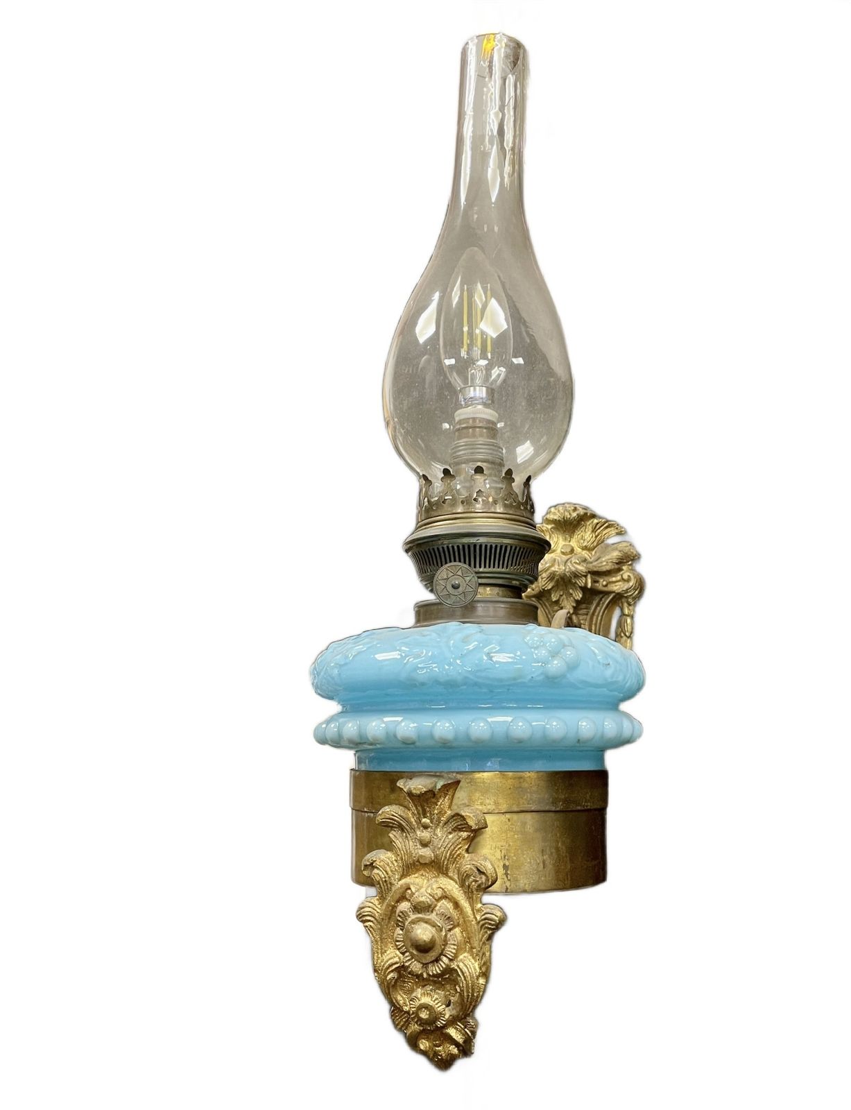 Pair Of Early Oil Lamps With Blue Glass And Bronze Wall Holders. (Circa 1920) photo furniture