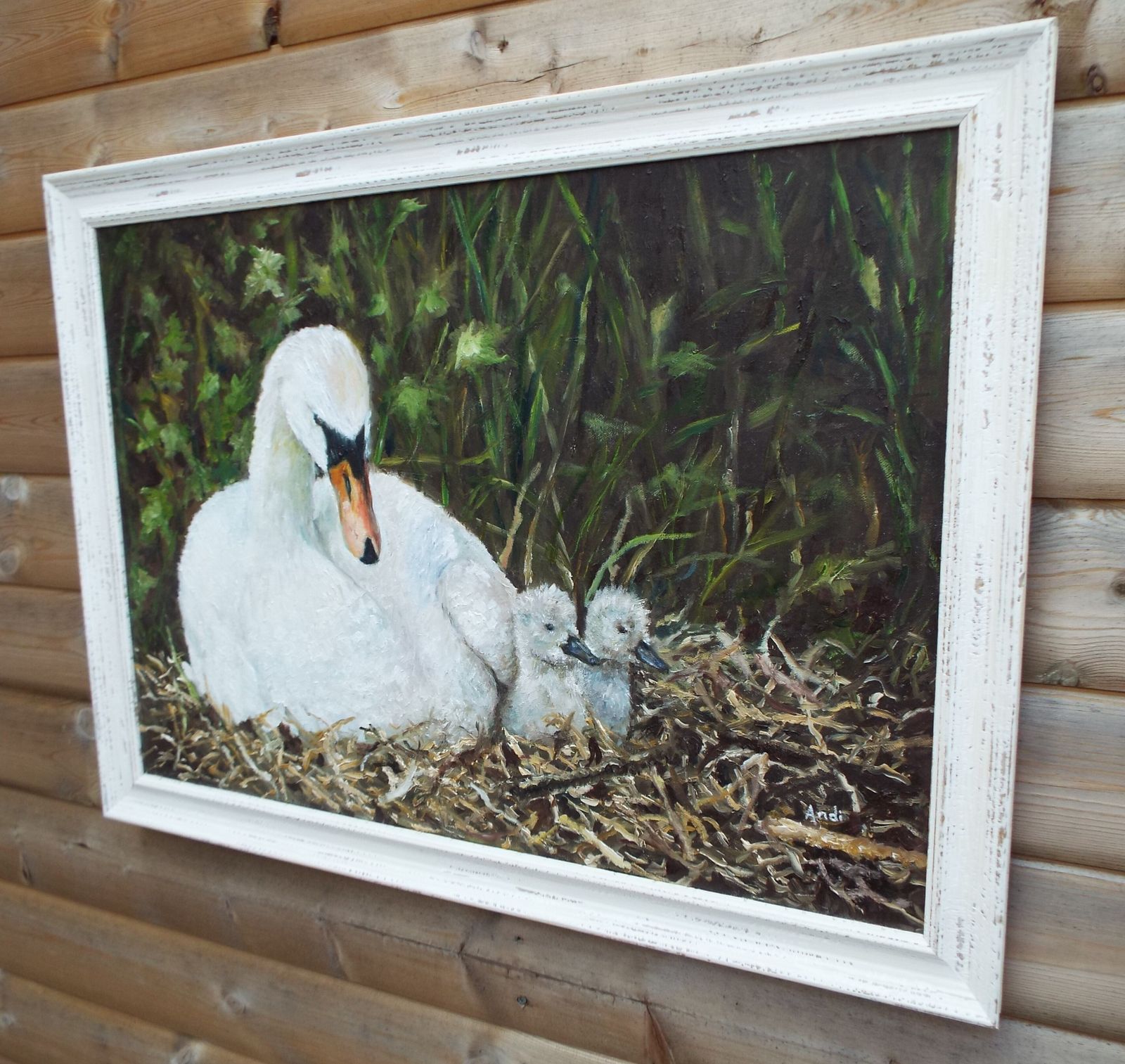 Swan And Cygnets Original Large Oil Painting Signed Framed Wildlife Andi J Lucas photo for sale