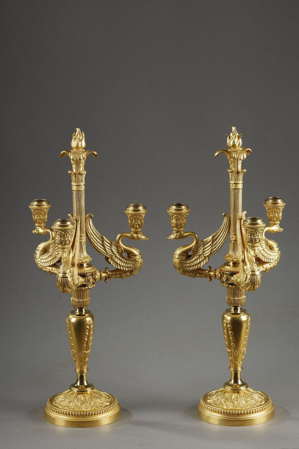 Pair Of Three Light Torches In Chased And Gilded Bronze, Signed Barbedienne photo Home Decor