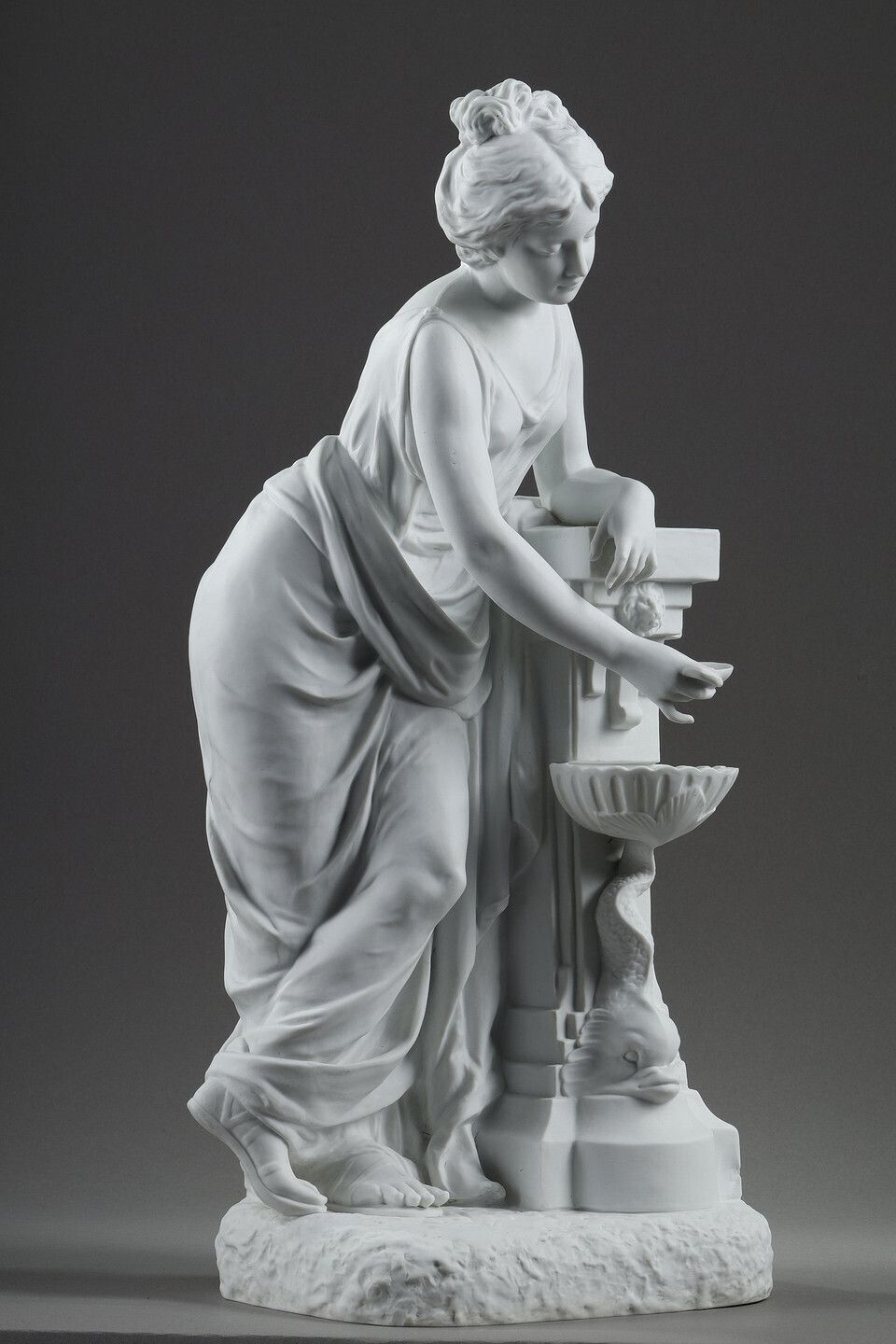 Porcelain Biscuit Sculpture, "Young Woman At The Fountain" By Nicolas Lecorney photo for sale