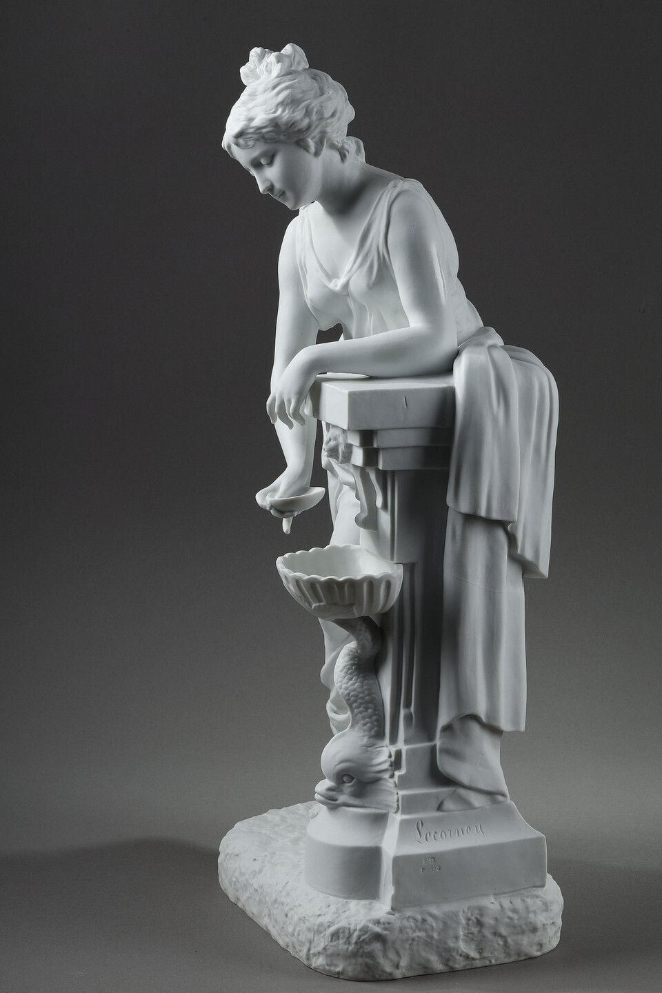 Porcelain Biscuit Sculpture, "Young Woman At The Fountain" By Nicolas Lecorney photo vintage
