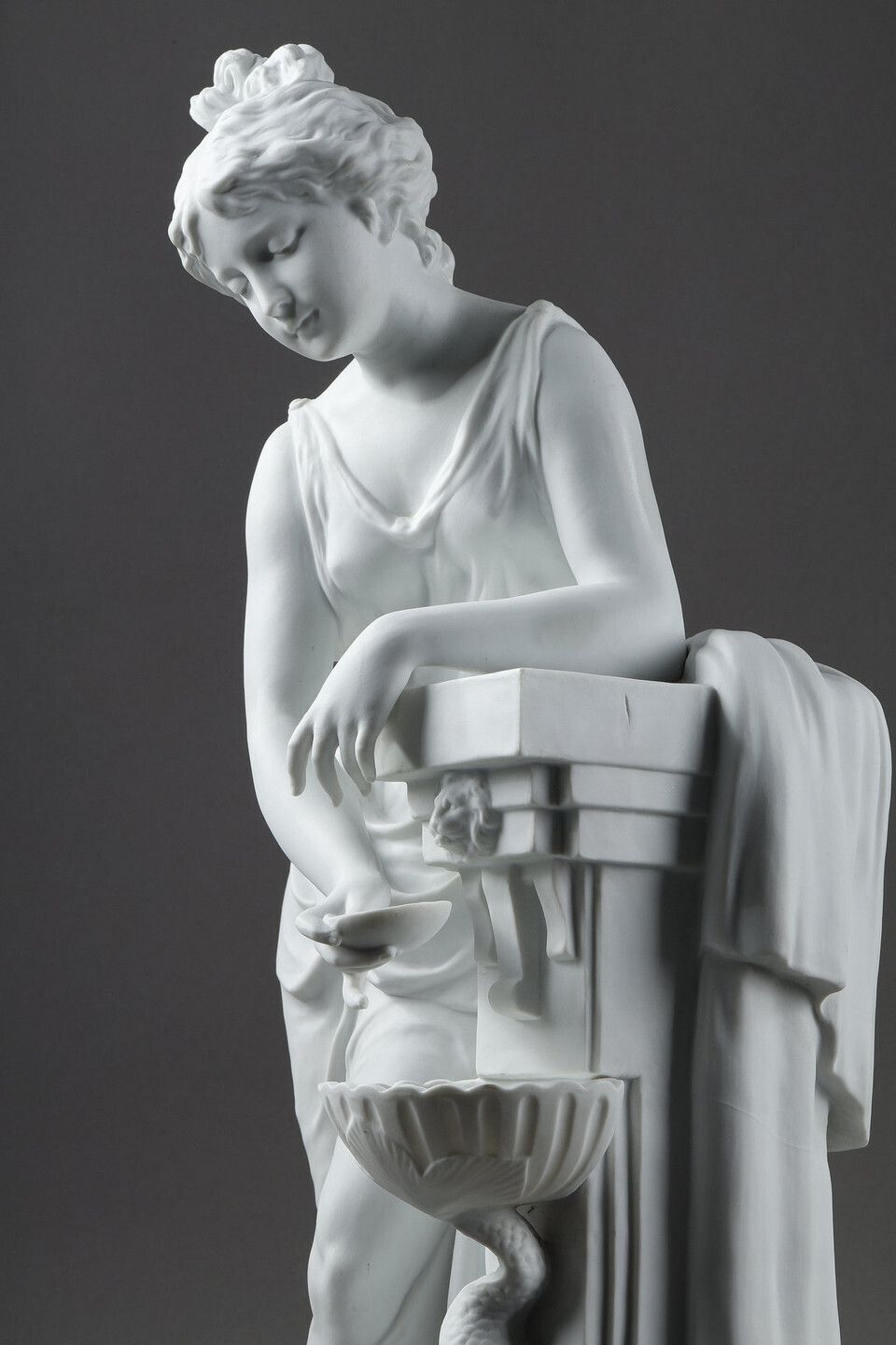 photo for sale Porcelain Biscuit Sculpture, "Young Woman At The Fountain" By Nicolas Lecorney