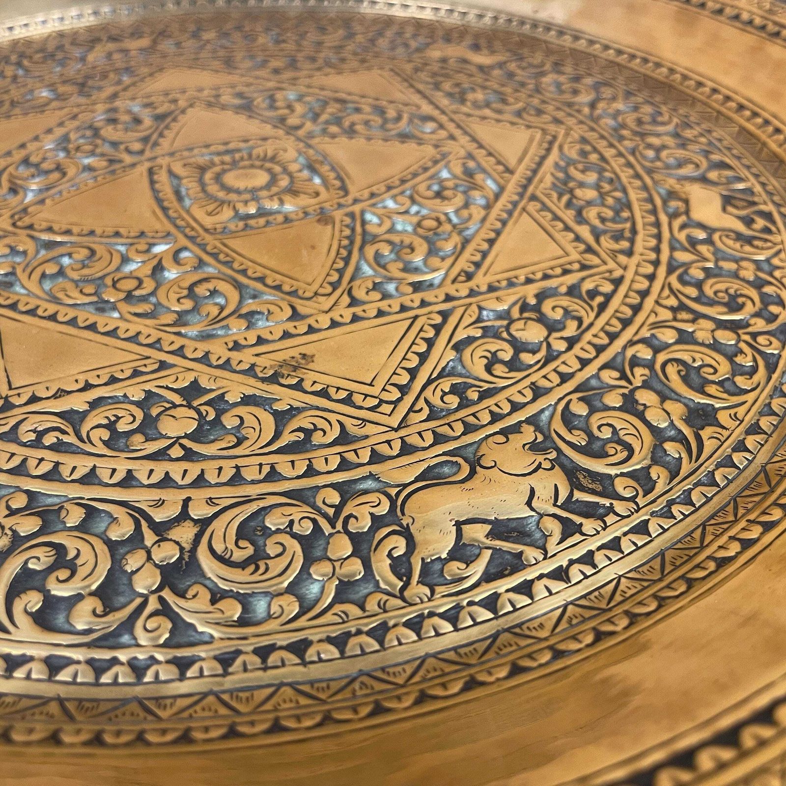 Indian Metal Gold Brass Tray 36cm Animal Pattern Decorative Black Inlay Circle Round Handmade Etched Intricate Vintage Antique photo for sale