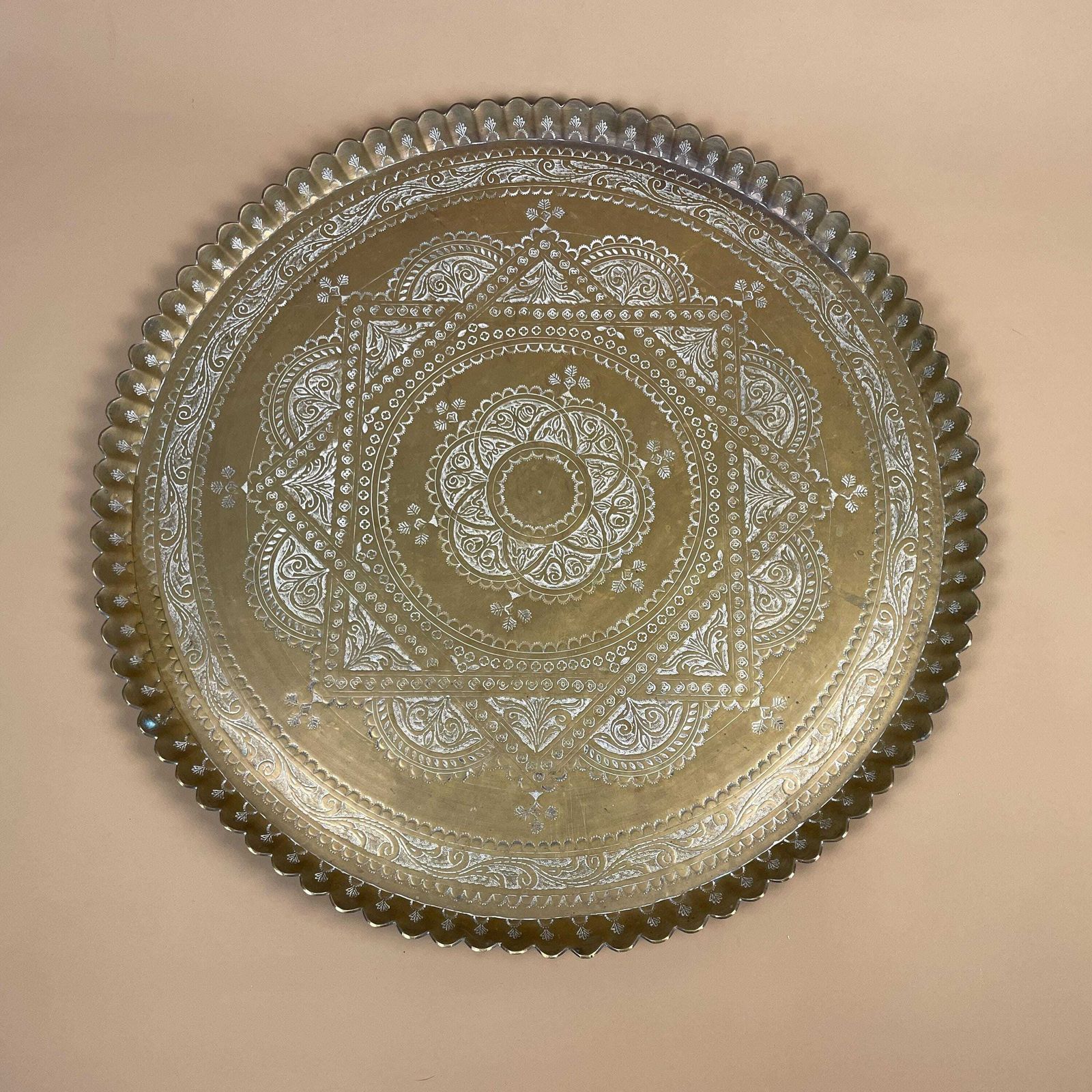 Indian Gold Brass Tray 50cm Large Scalloped Edge Decorative Circle Round Handmade Etched Intricate Vintage Antique