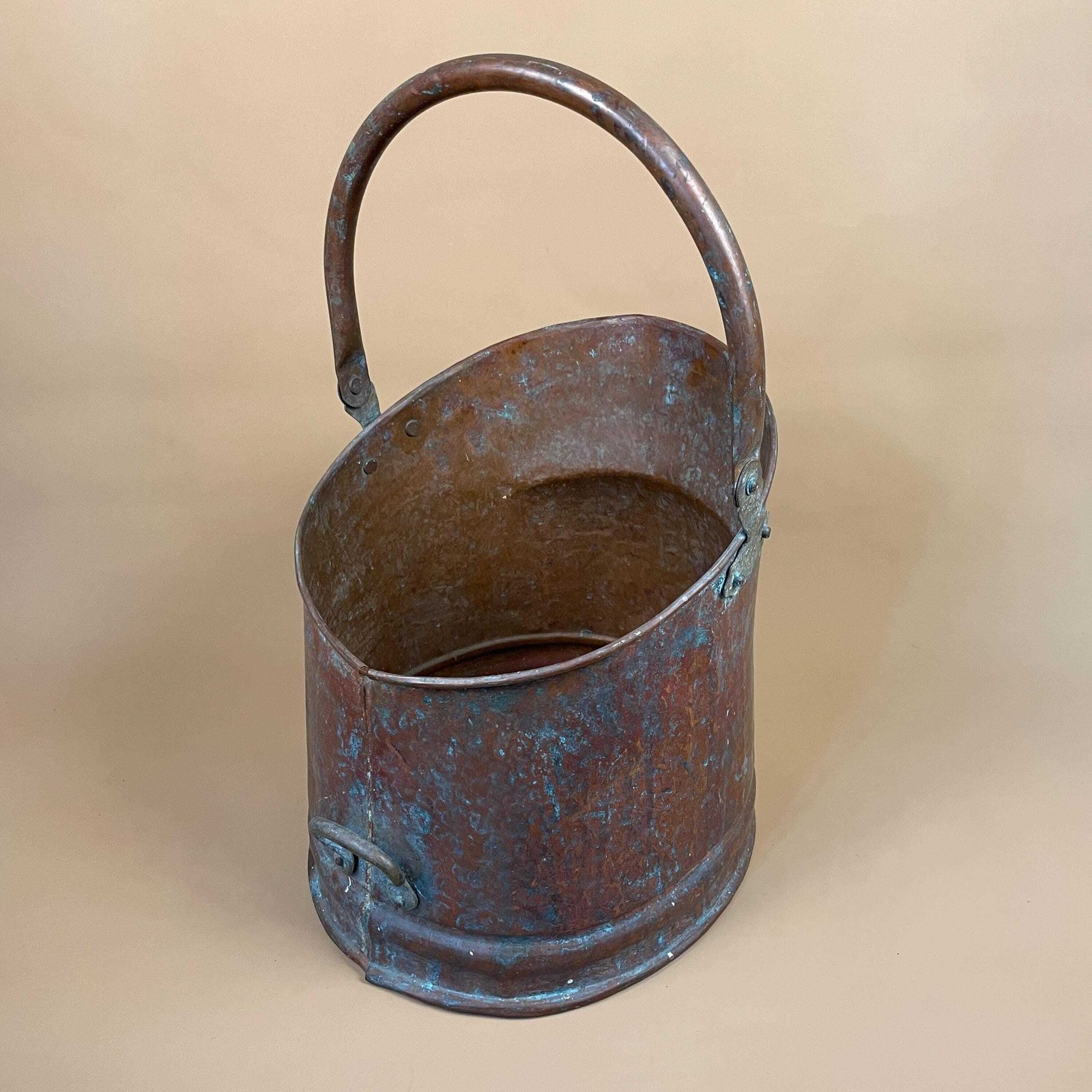 Antique Metal Copper Coal Bucket Handle Fireside Fire Side Scuttle Gold Brass Trims Helmet Farmhouse Cottage Aged Patina Vintage Fireplace photo for sale