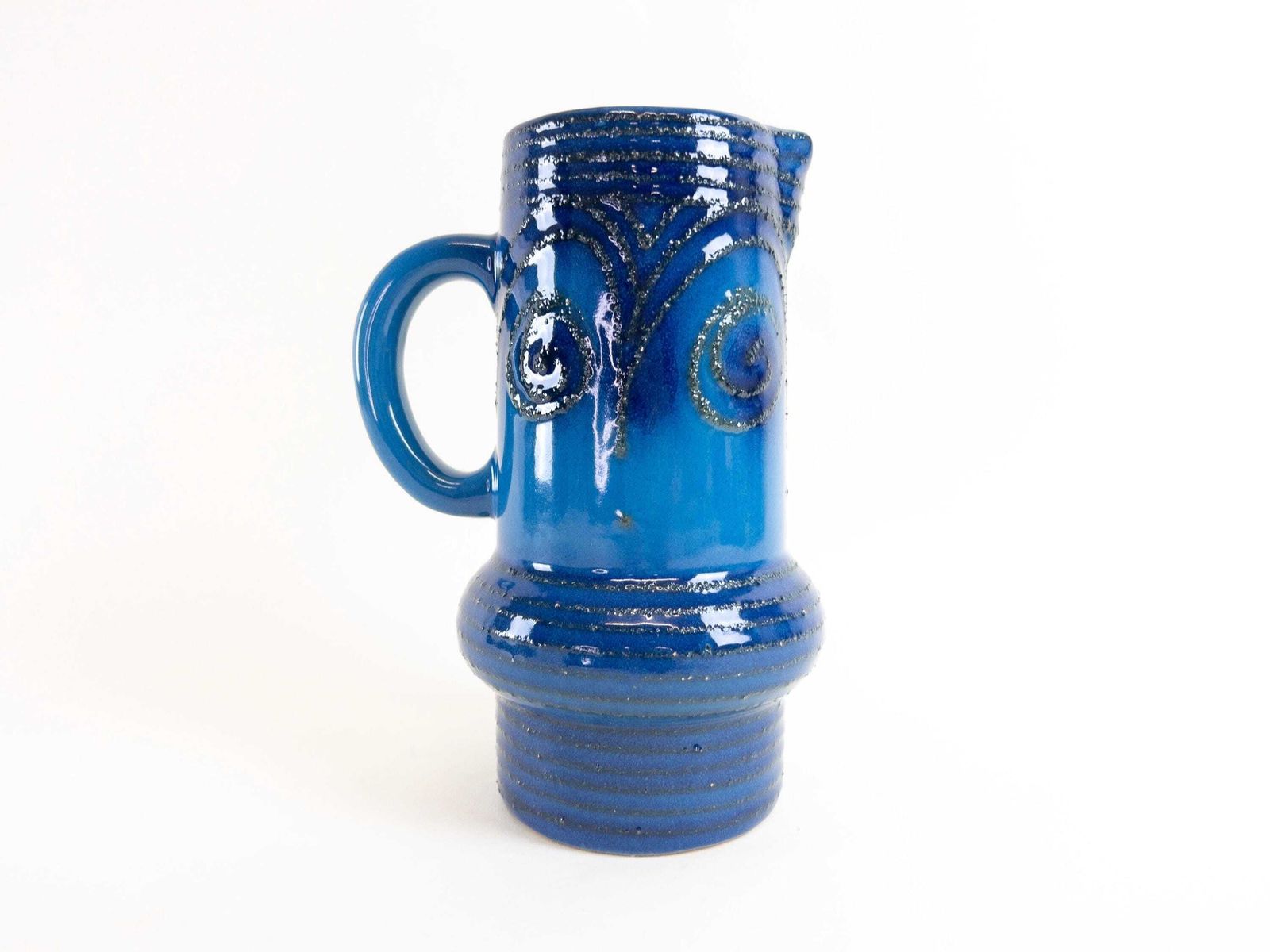 Fat Lava Blue Pitcher   Vintage East German Pottery Ceramic Jug By Strehla Keramik   Capacity 1 Litre