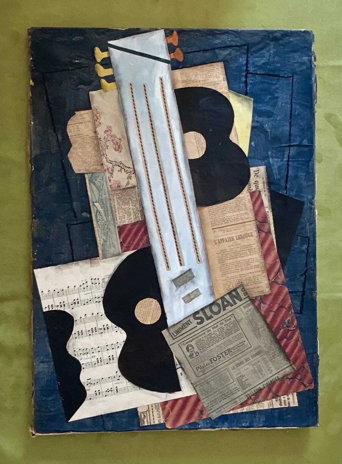 1930s French Cubism Collage Painting/Canvas Cubist Composition, Guitar And Newspaper Modernism Avant Garde Modernist Music Still Life