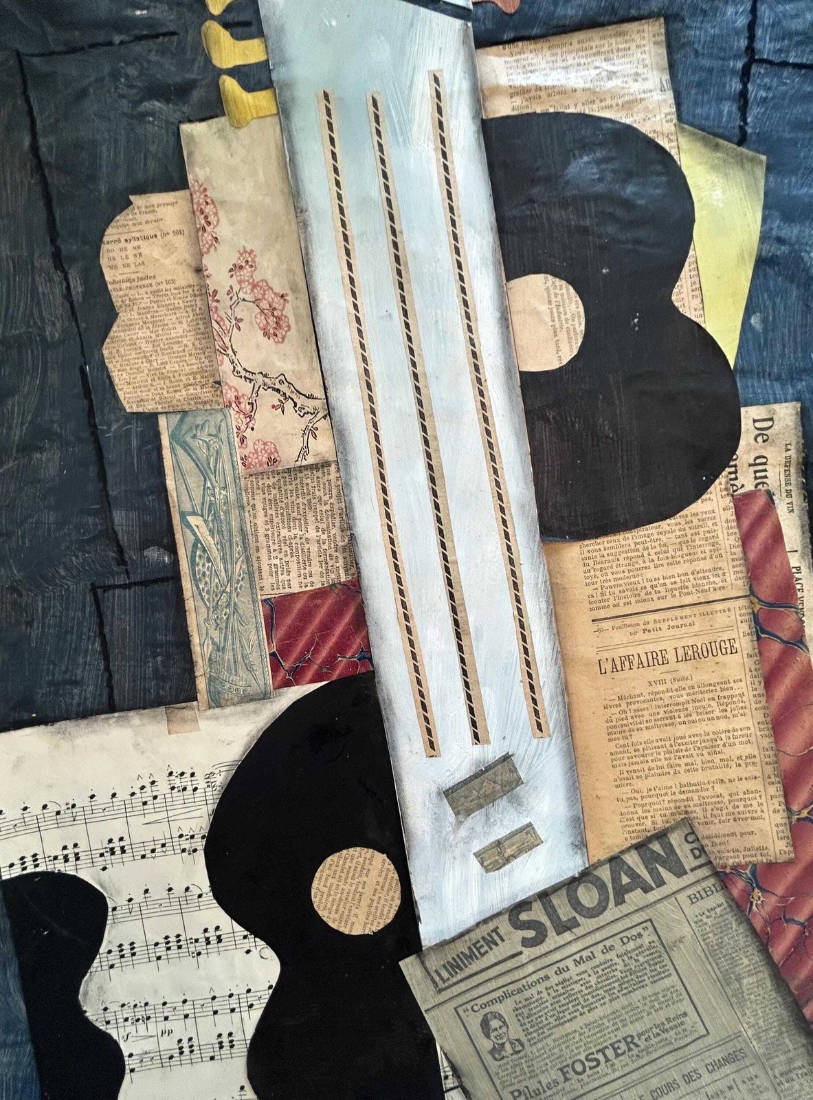 1930s French Cubism Collage Painting/Canvas Cubist Composition, Guitar And Newspaper Modernism Avant Garde Modernist Music Still Life photo vintage