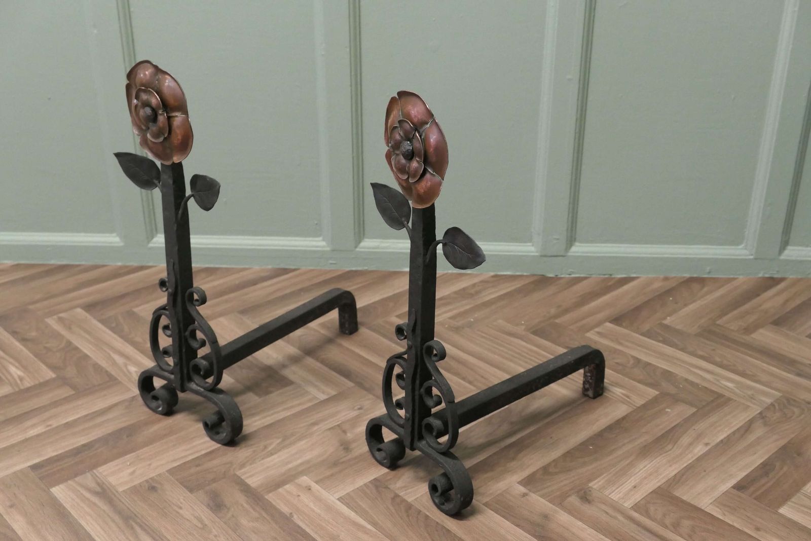 A Pair Of Large Arts And Crafts Copper And Iron Andirons Or Fire Dogs photo Home Fixtures