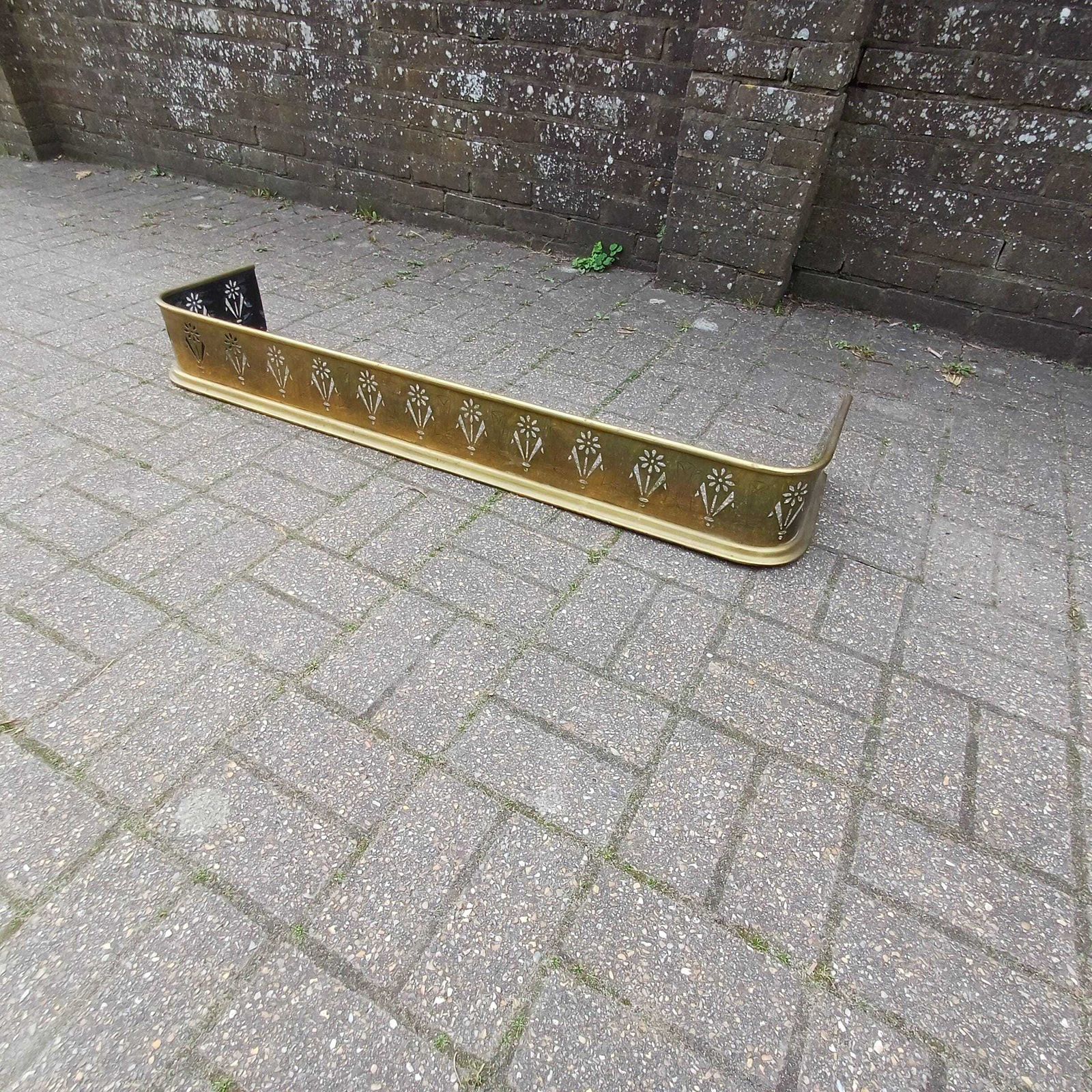 Antique Brass Fireplace Fender Victorian Gothic Art Nouveau Pierced Cross Star Motif Rolled Edge Patina Decorative Hearth Guard photo furniture