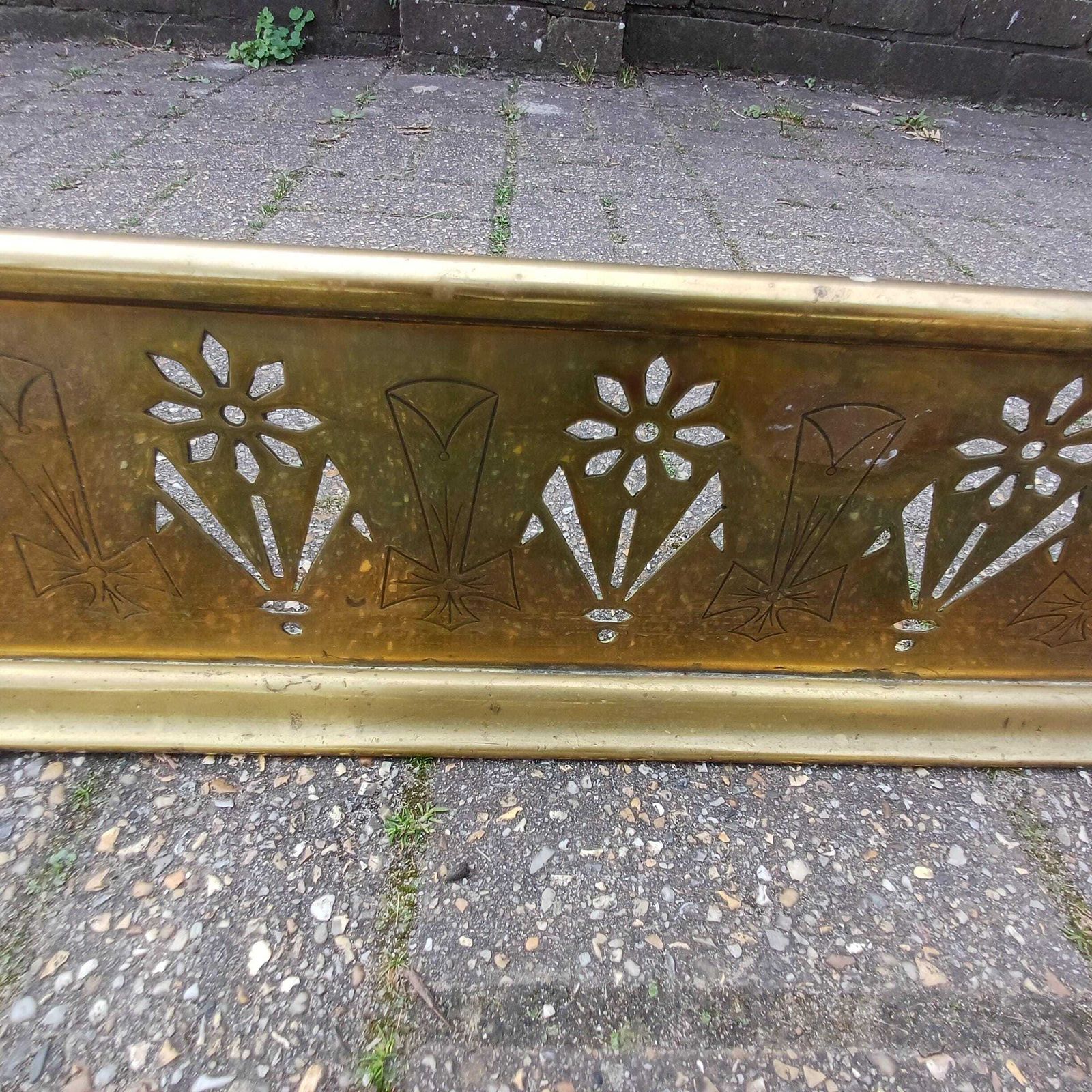 photo for sale Antique Brass Fireplace Fender Victorian Gothic Art Nouveau Pierced Cross Star Motif Rolled Edge Patina Decorative Hearth Guard