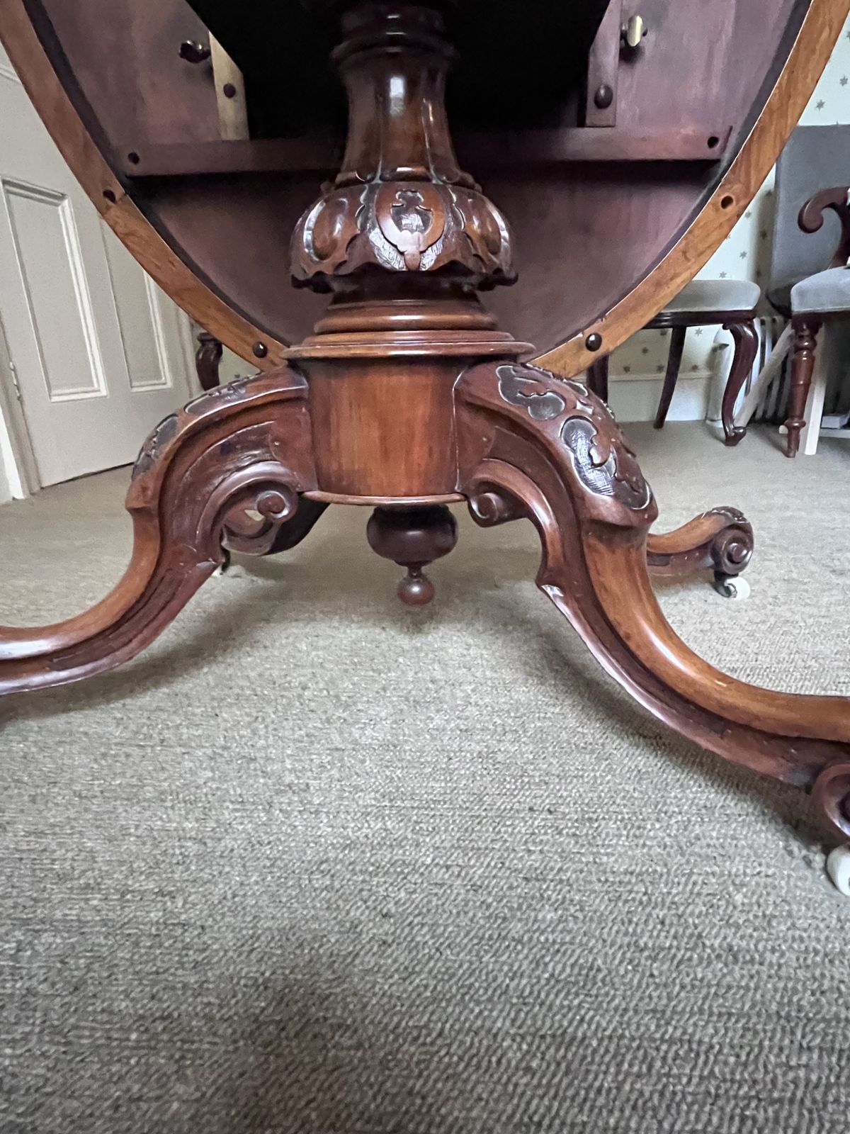 Beautiful Inlaid Walnut Dining Table With An Exquisite Carved Base. It Tips To Vertical To Display Its Splendour. photo 550.0