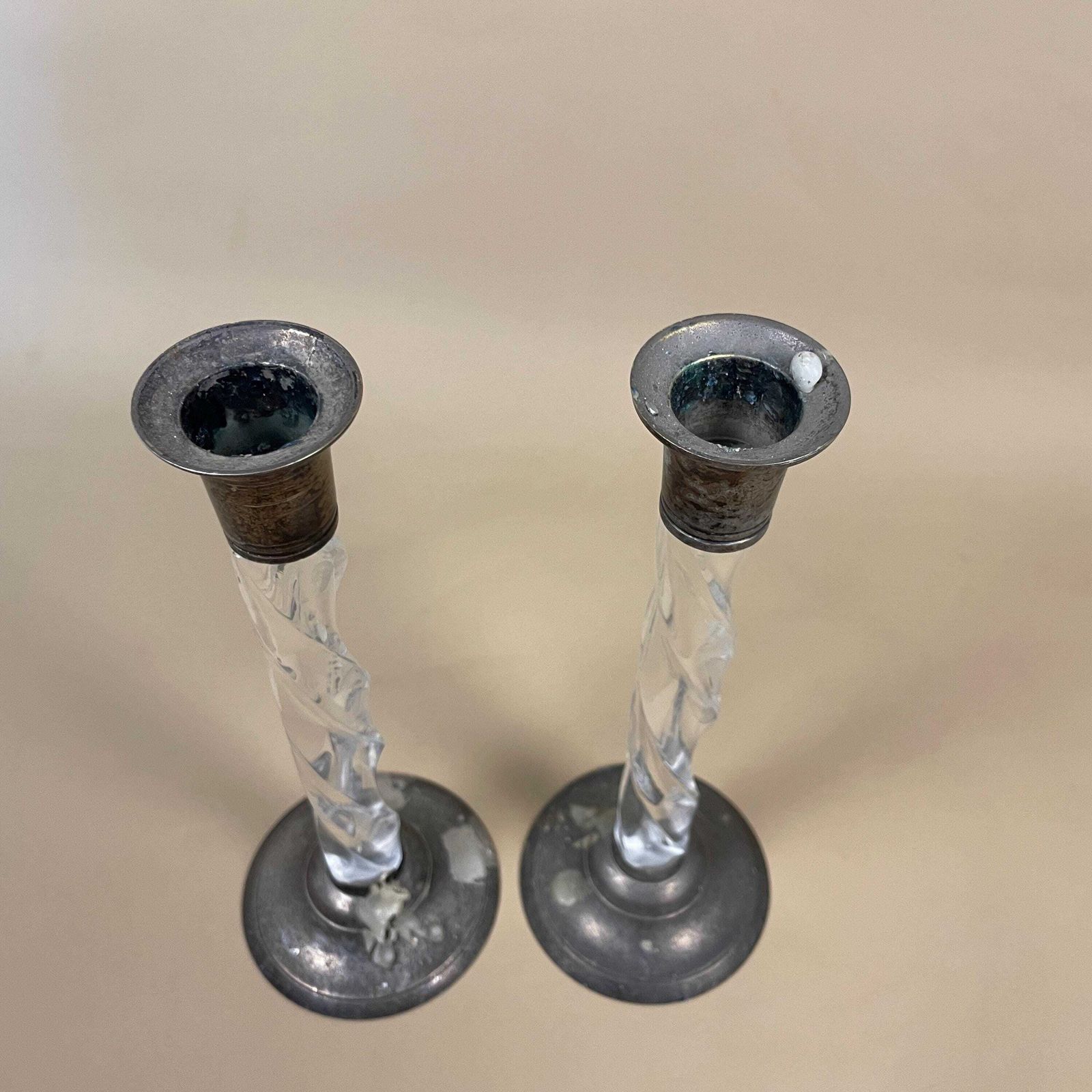 Vintage Matching Pair Of Silver Metal Candlestick Candle Stick Column Taper Dinner Candlesticks Clear Plastic Centre Round Base Twisted photo 55.0