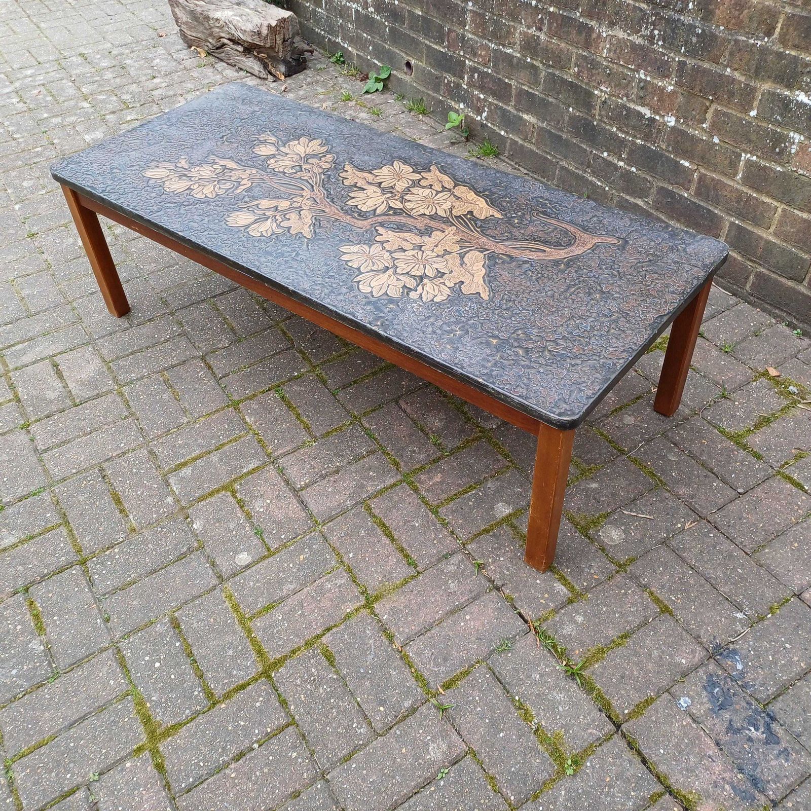 Huge Mid Century Retro Sculpted Coffee Table 1970s Floral Relief Top Brutalist Art Nouveau Style Gold Bronze Resin photo buy