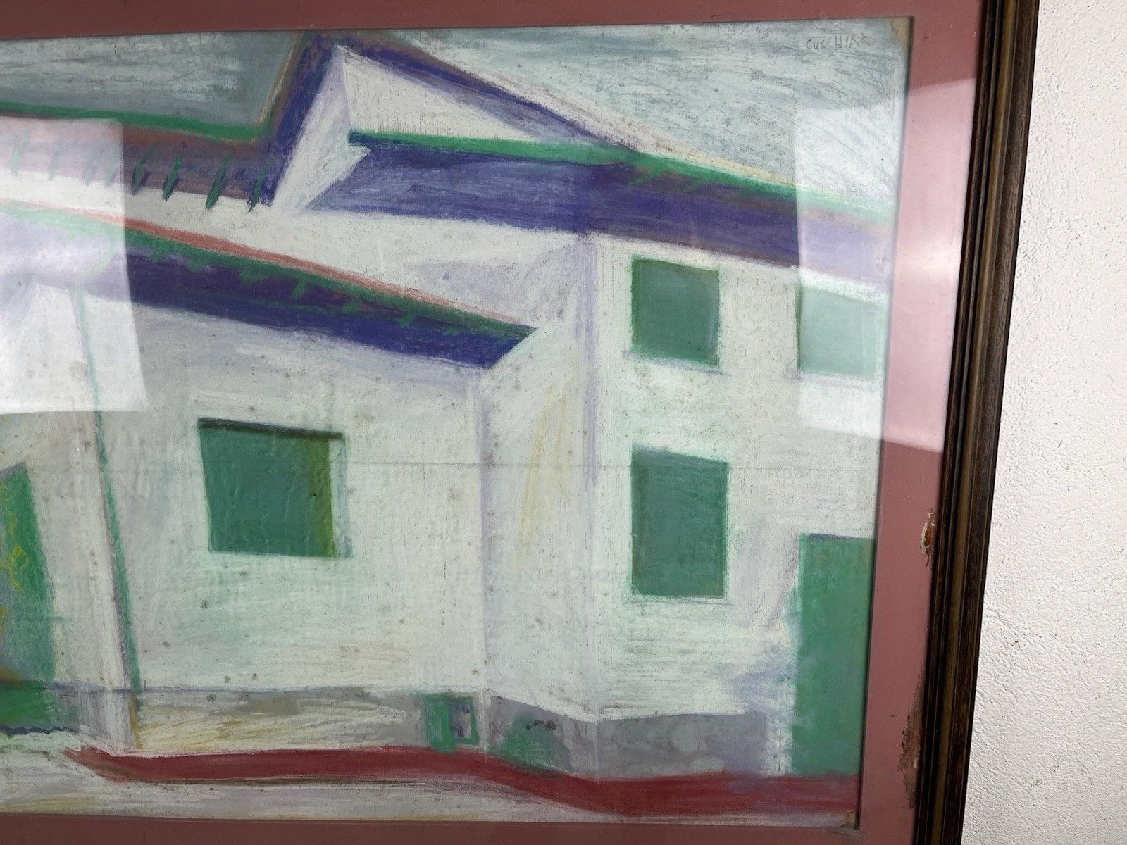 Pink Houses Picture Cubism Landscape 80’ Vintage Design photo vintage