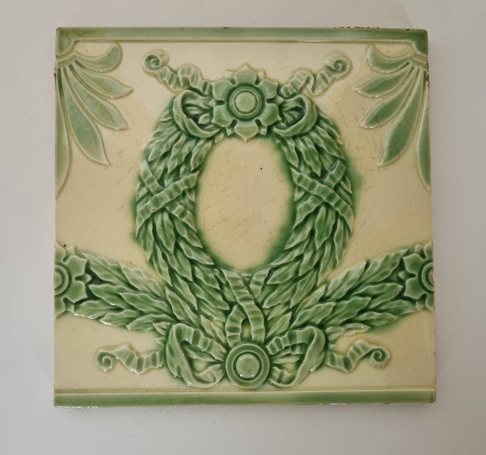 Minton Hollins Green Wreath Tiles | Victorian Antique Architectural Salvage | Decorative Fireplace Tiles | Collectible Ceramic Art photo furniture