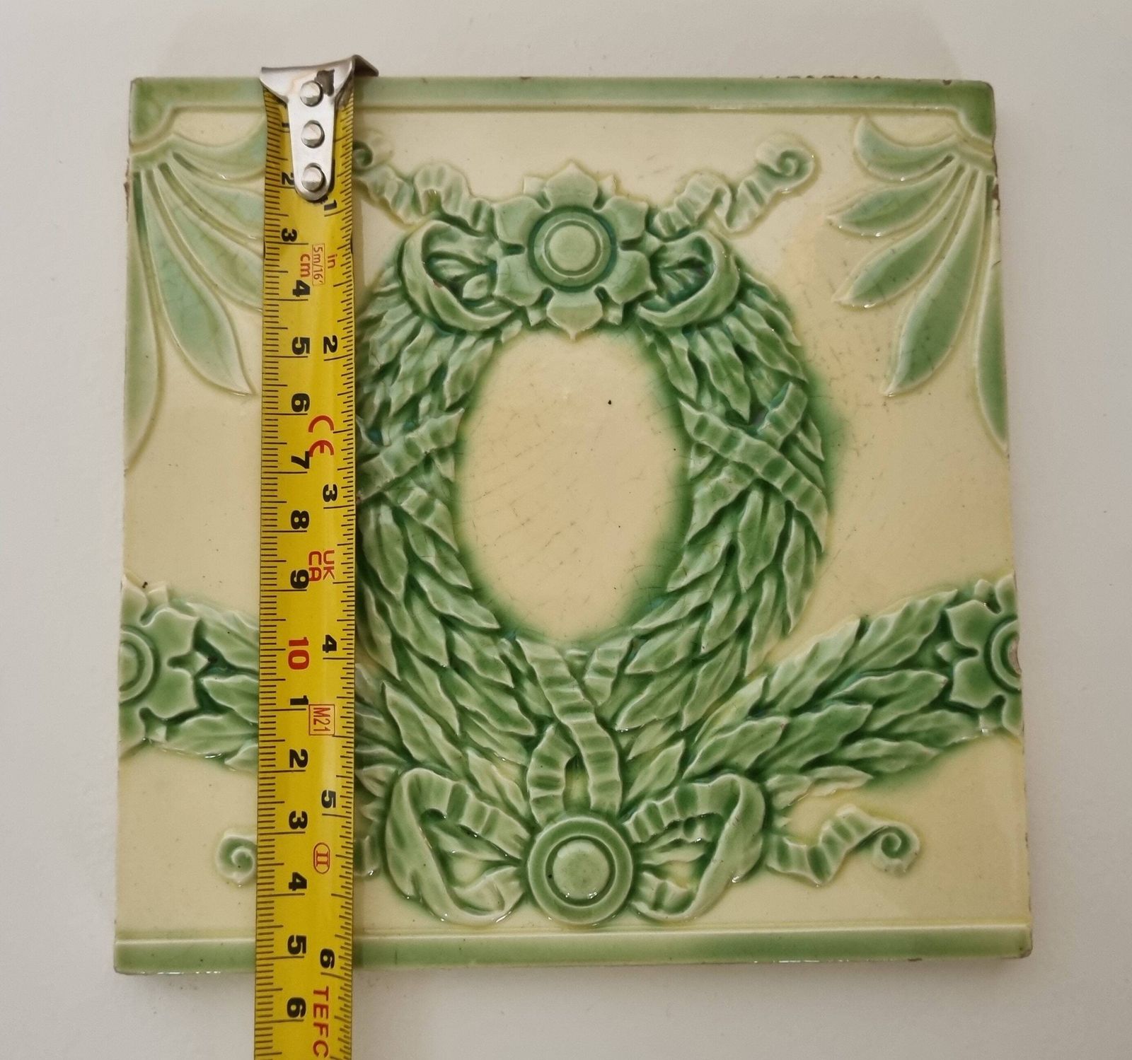 Minton Hollins Green Wreath Tiles | Victorian Antique Architectural Salvage | Decorative Fireplace Tiles | Collectible Ceramic Art photo for sale