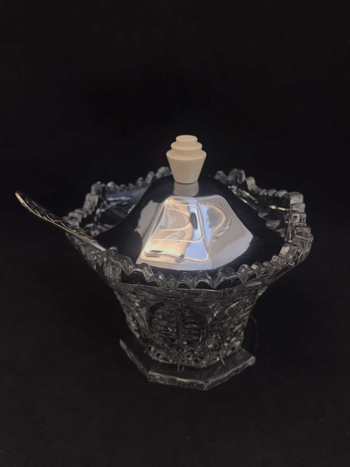 Jam Jar Mustard Pot Jelly Sugar Condiments Honey With Spoon Condiment Server British Crystal Cut Bowl Breakfast Table Christmas Wedding Gift photo vintage