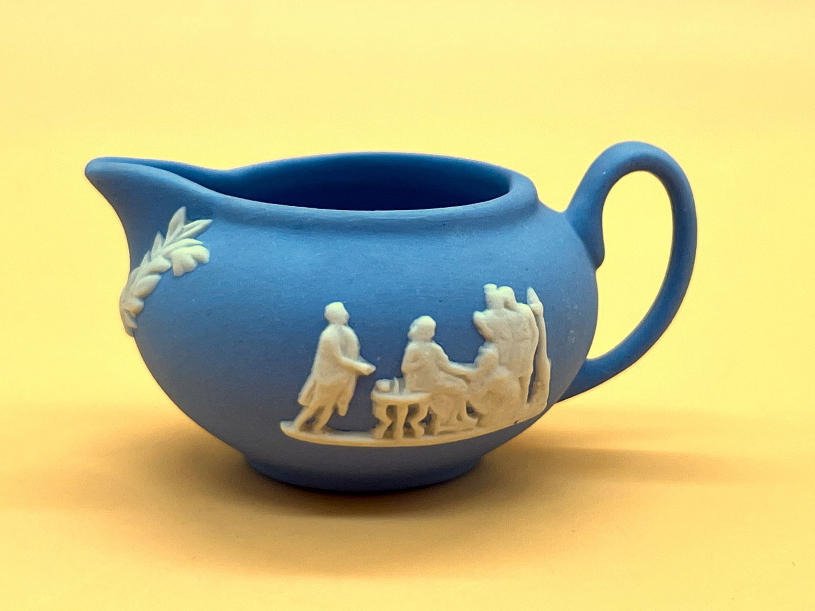Wedgwood Pottery Blue Jasperware Miniature 3 Piece Cabinet Display Tea Set.  Teapot, Creamer & Sugar. photo vintage