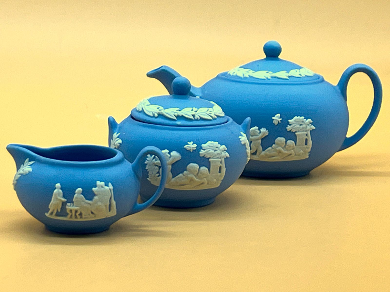 Wedgwood Pottery Blue Jasperware Miniature 3 Piece Cabinet Display Tea Set.  Teapot, Creamer & Sugar.