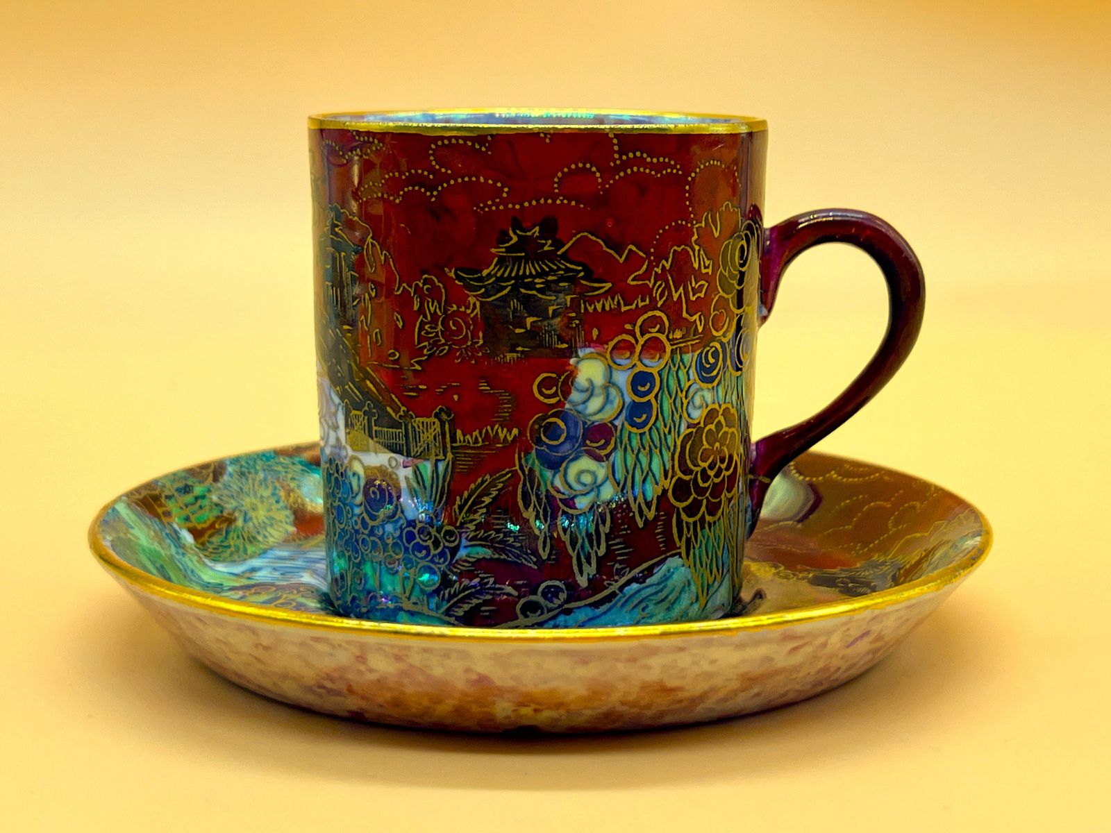 Antique A G Harley Jones Wilton Ware Red Luster Design Demitasse Cup & Saucer Duo. 711820. photo vinterior