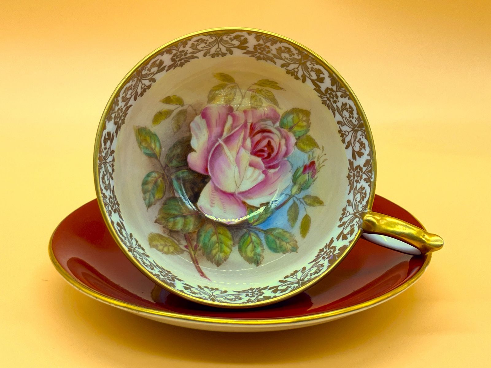 Large Aynsley China Cabbage Rose Signed G Bentley Red And Gold Footed Cabinet Tea Cup & Saucer Duo. 2628.