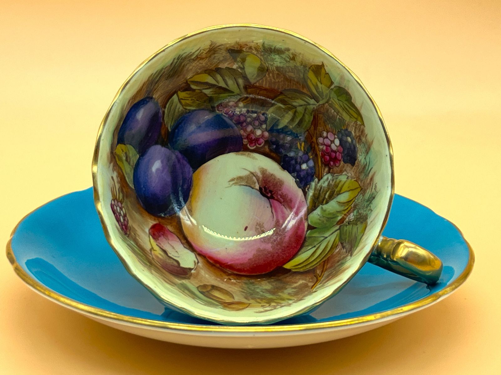Aynsley China Orchard Gold Fruits Signed D Jones Oban Shape Turquoise And Gold Cabinet Tea Cup & Saucer Duo. 1034.