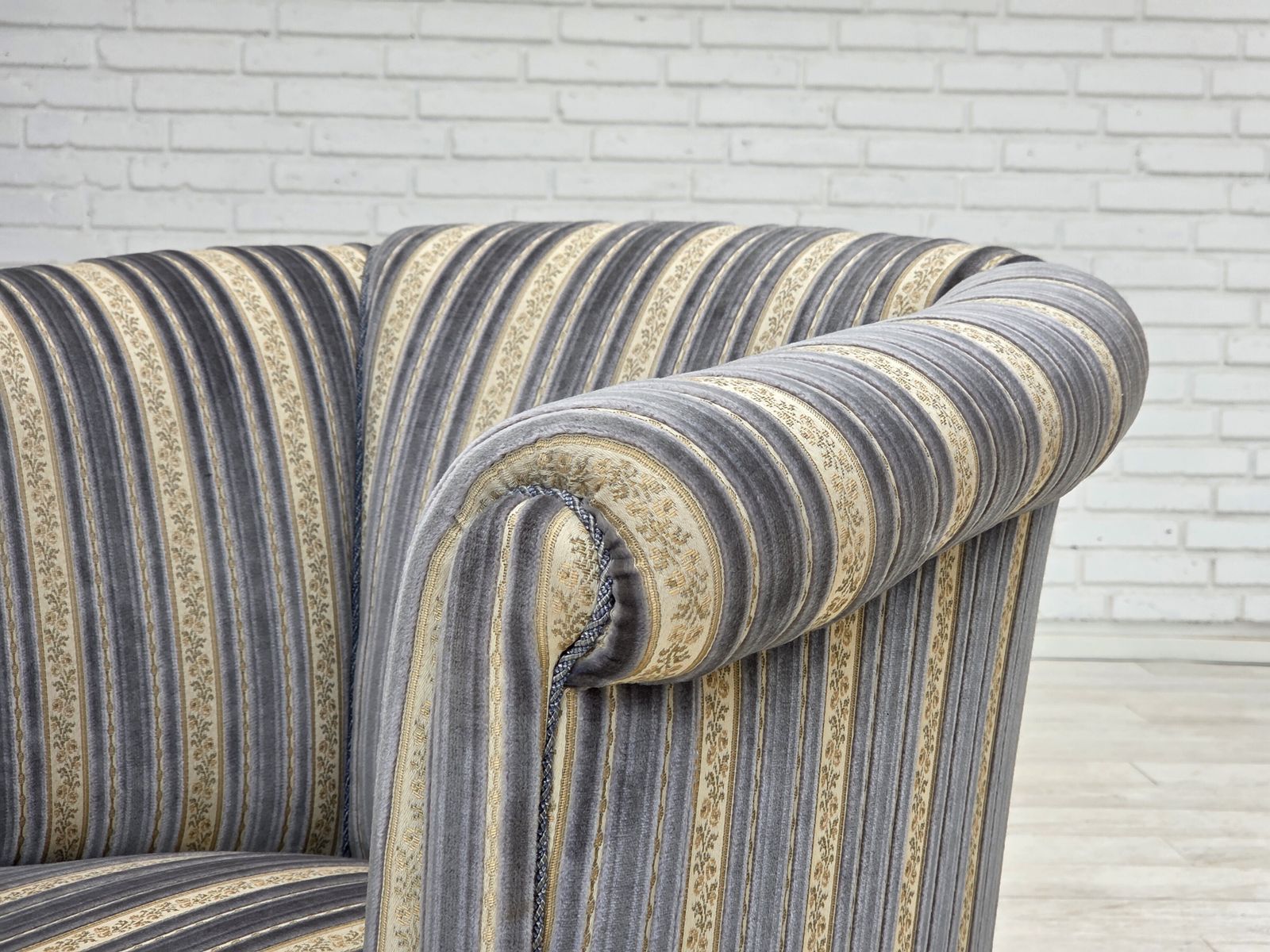 photo furniture 1960s, Danish Lounge Chair, Blue/Beige Furniture Velour, Beech Wood Legs.