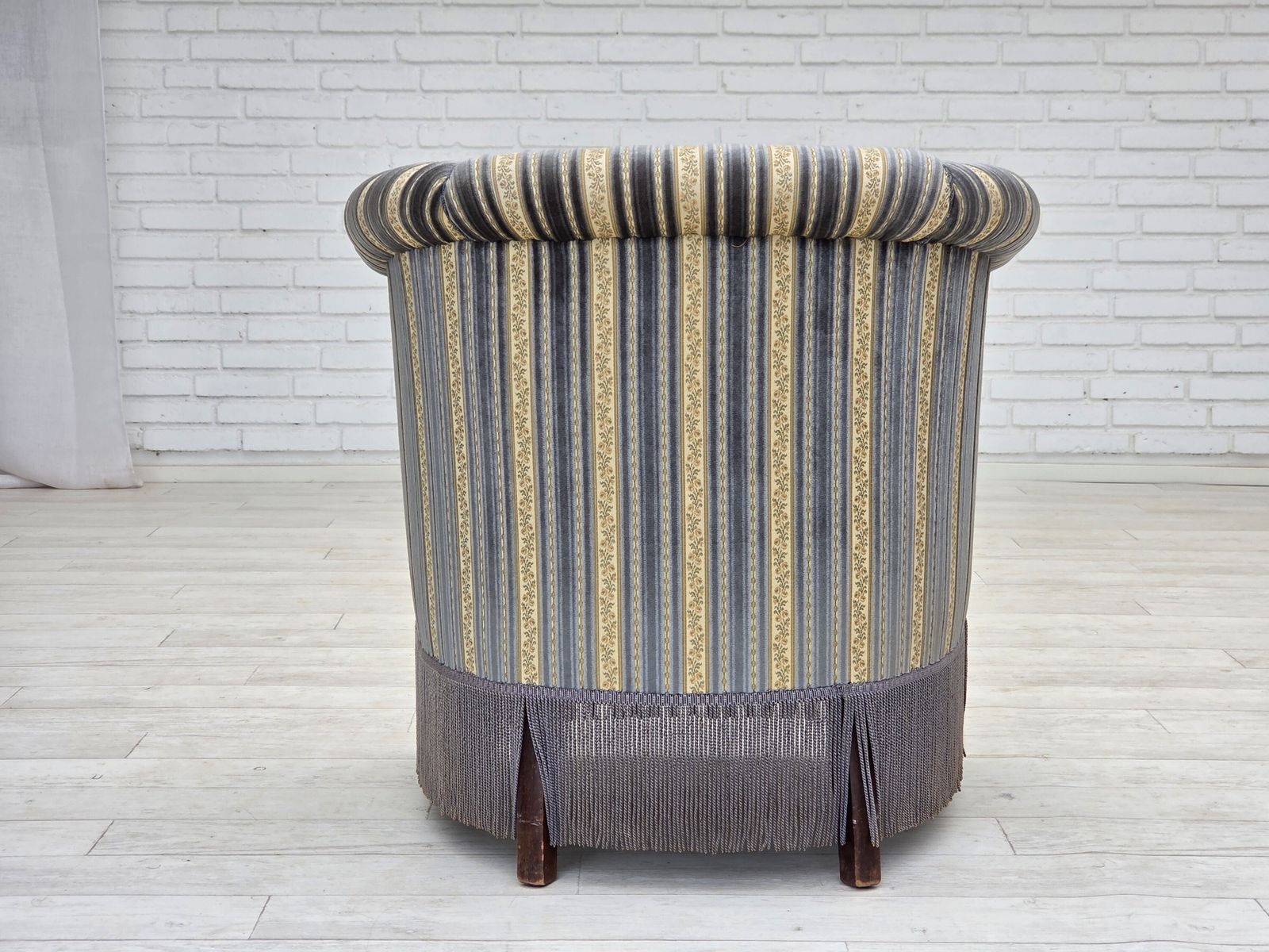 Furniture 1960s, Danish Lounge Chair, Blue/Beige Furniture Velour, Beech Wood Legs. photo