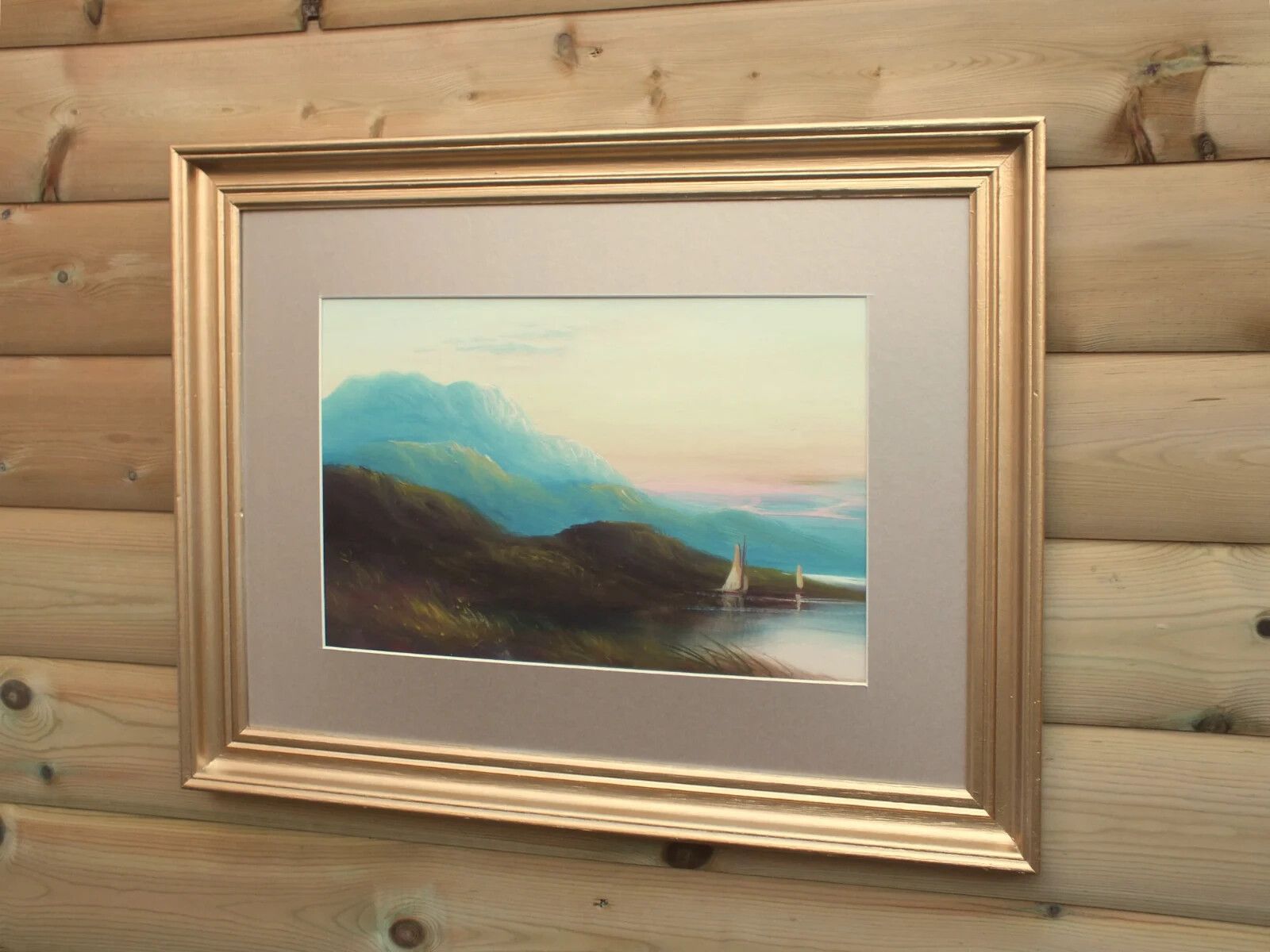 Antique Victorian Oil Mountain Sunset Lake  District Landscape Painting Framed photo vinterior