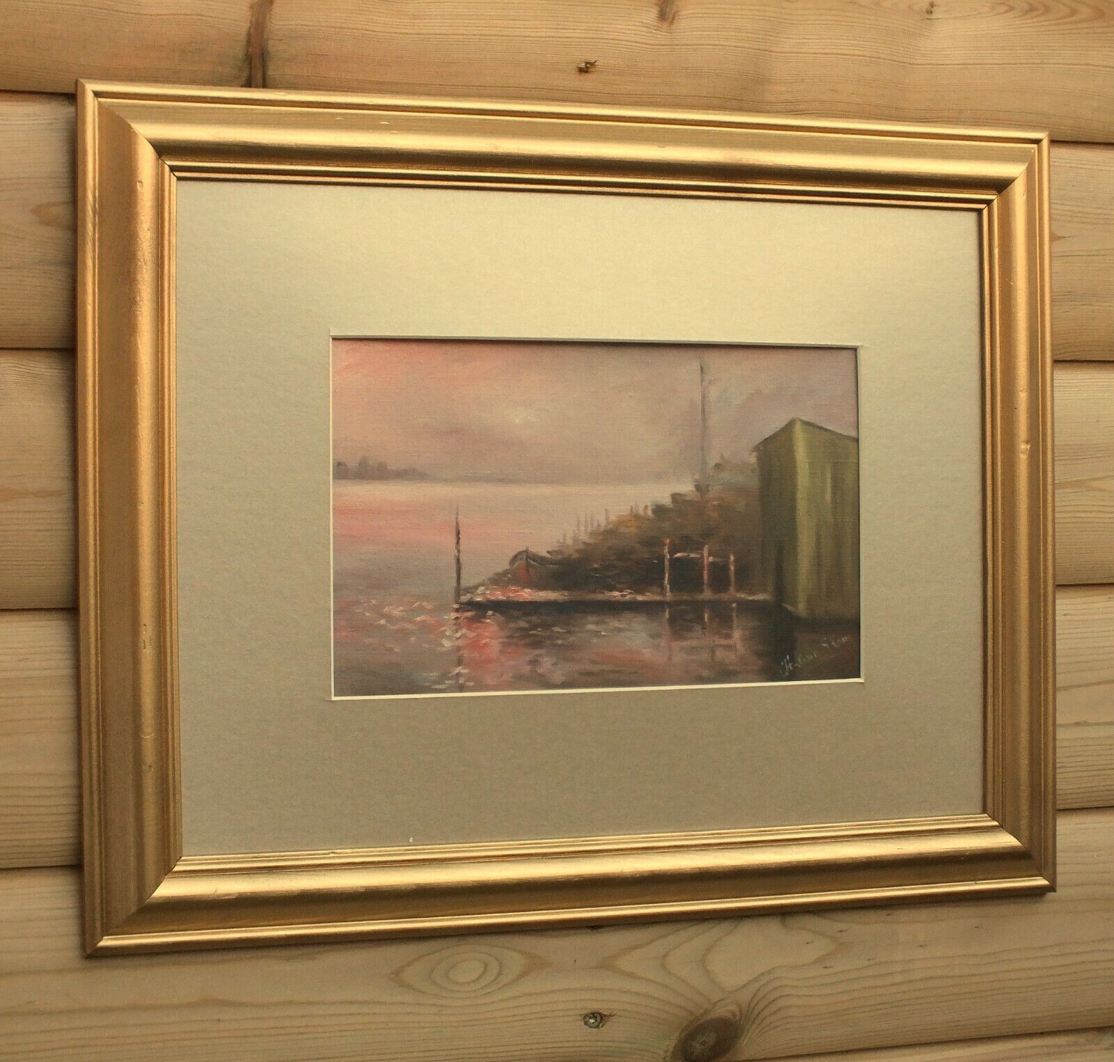 Sunset On The Thames London Antique Oil Painting Framed Signed Original photo Art