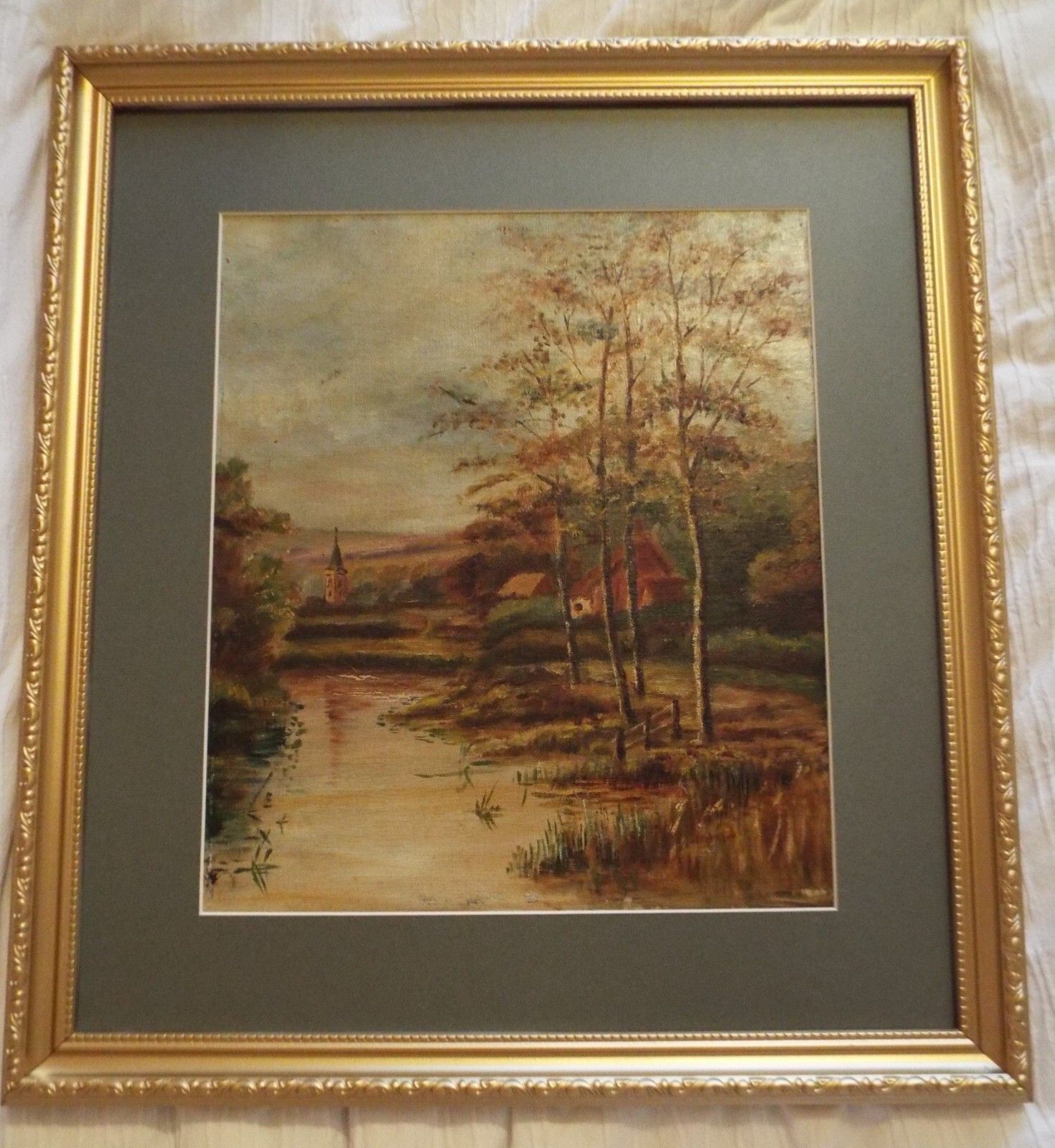 Antique Vintage Victorian  Landscape Original Oil Painting Framed Gold Frame