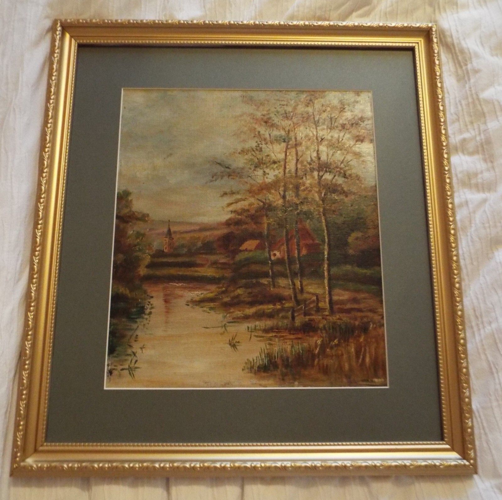 Antique Vintage Victorian  Landscape Original Oil Painting Framed Gold Frame photo for sale